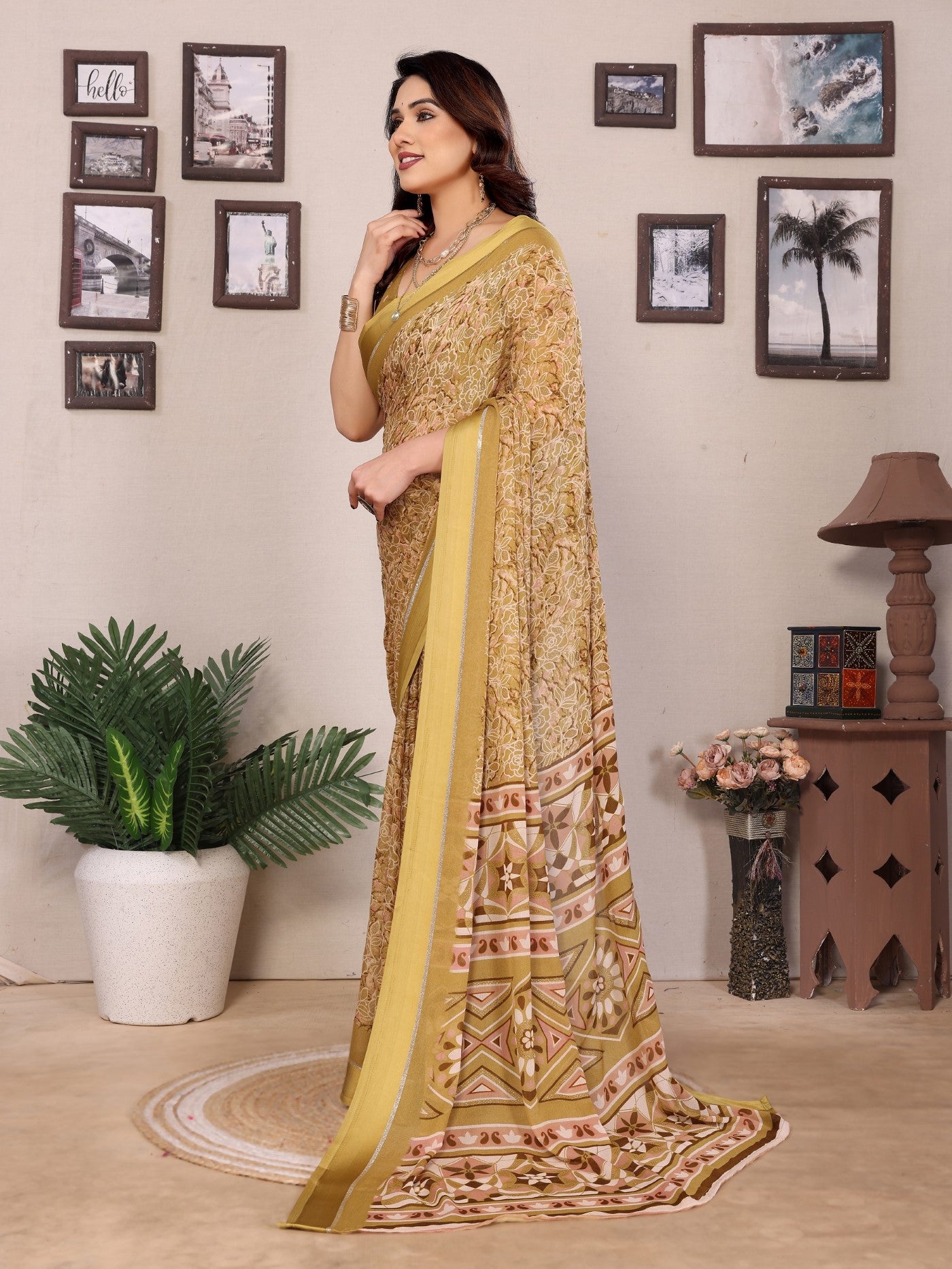Yellow Bright Moss Printed Saree With Zari Work