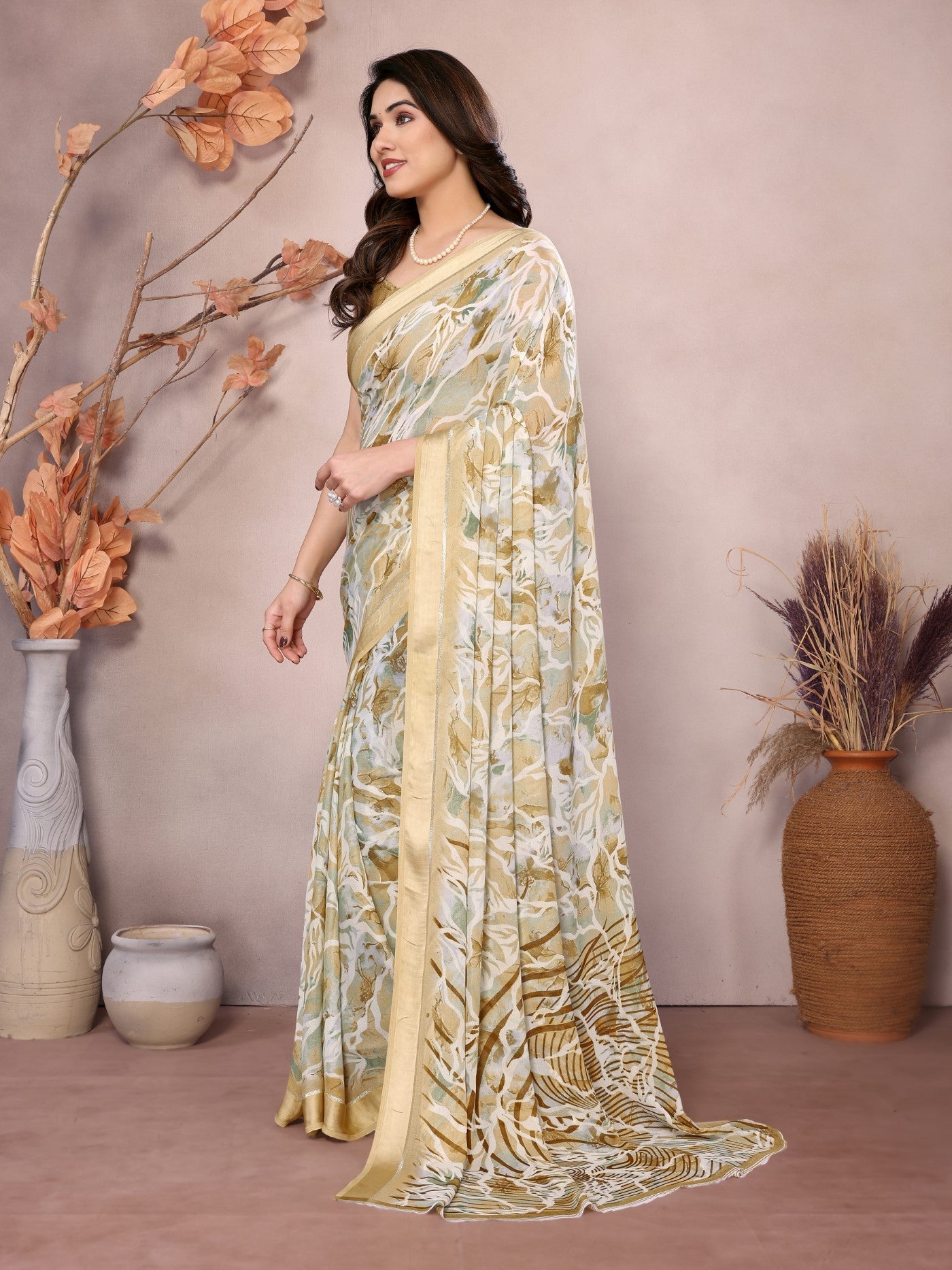 Yellow Bright Moss Satin Patta Saree With Printed