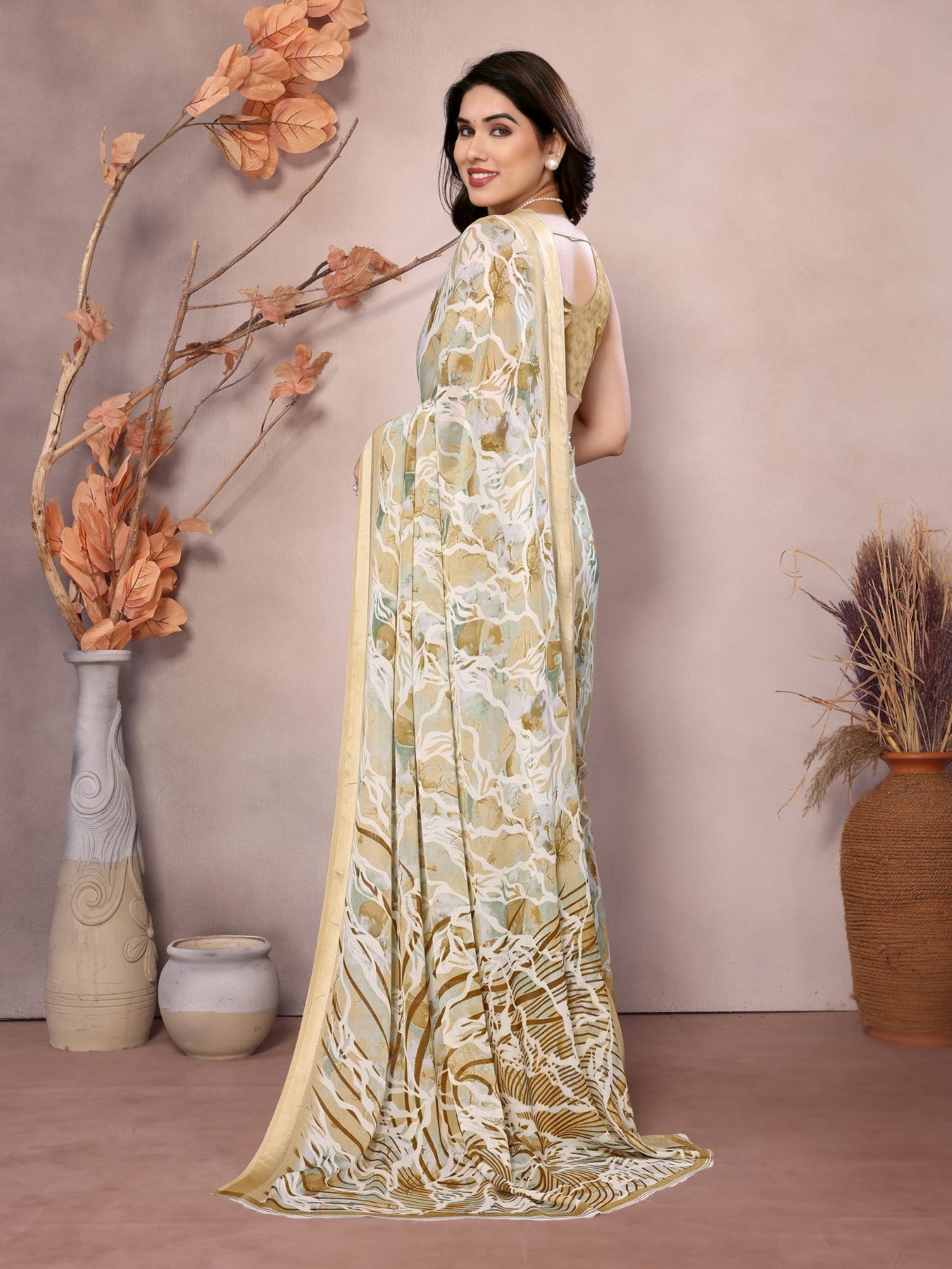 Yellow Bright Moss Satin Patta Saree With Printed