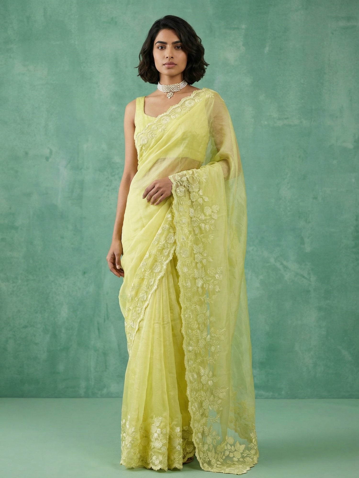 Yellow Chanda Silk Saree with Artistic Flower Embroidery Work