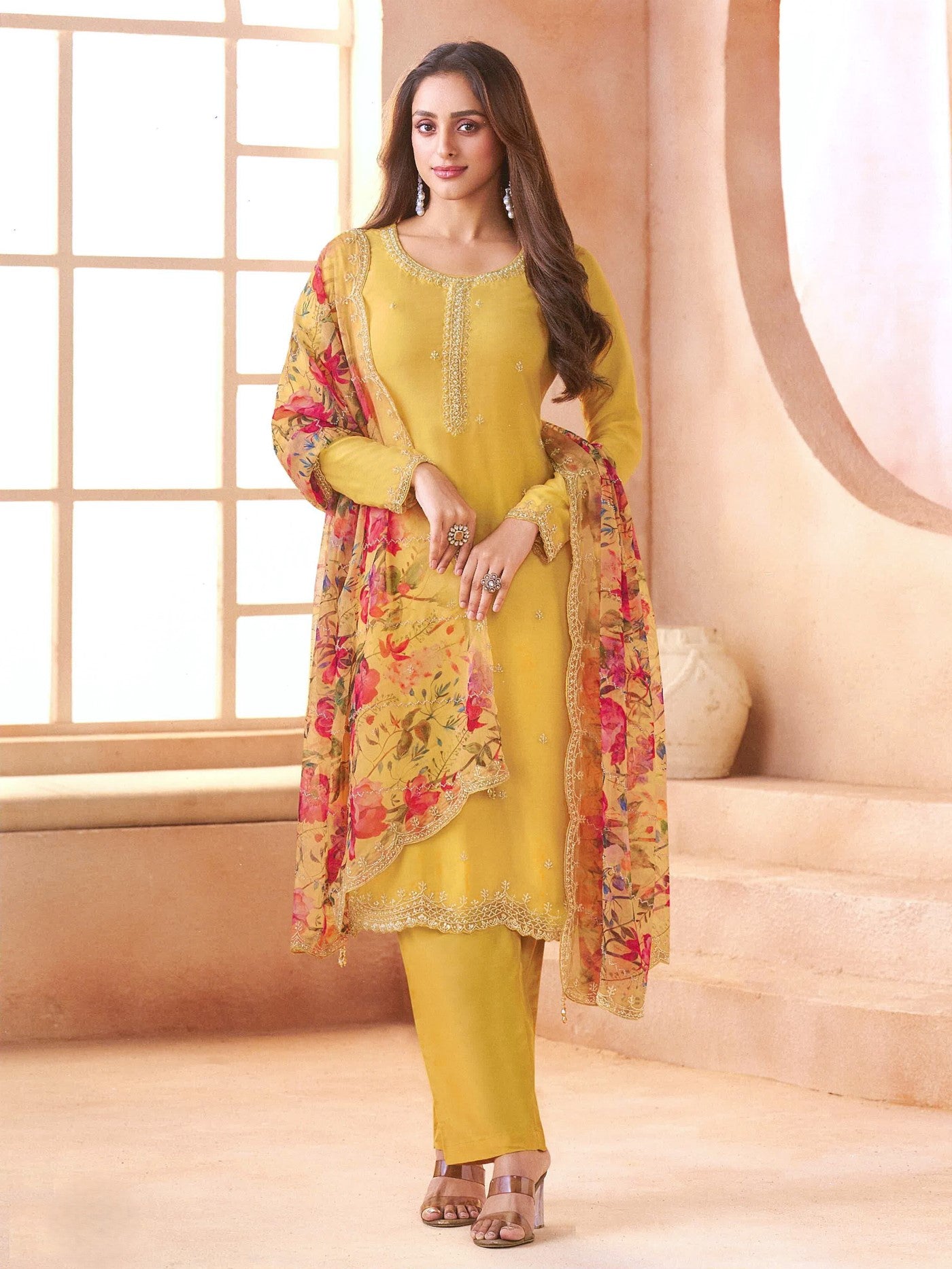 Yellow Chiffon Designer Suit Set With Delicate Embroidery