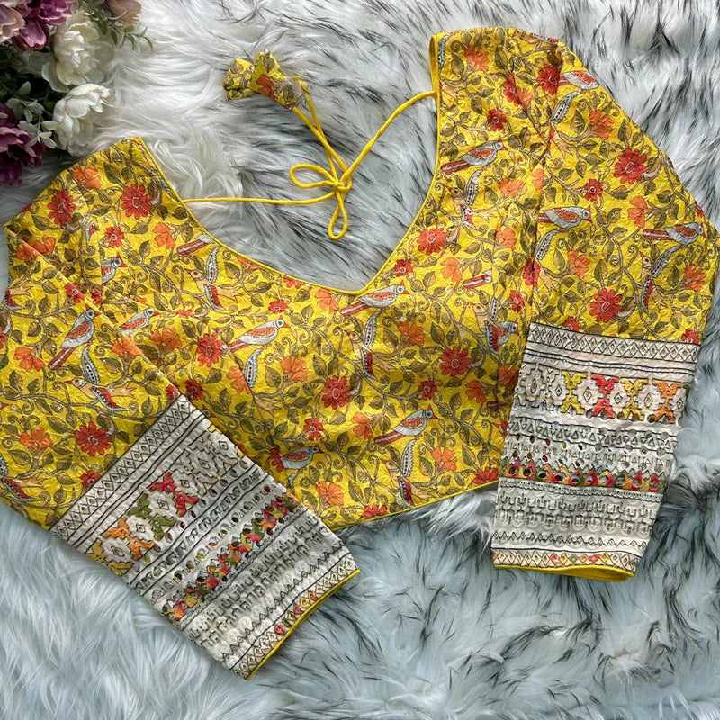 Yellow Chikankari Work with Kalamkari Print Long Sleeve Blouse in Roman Silk