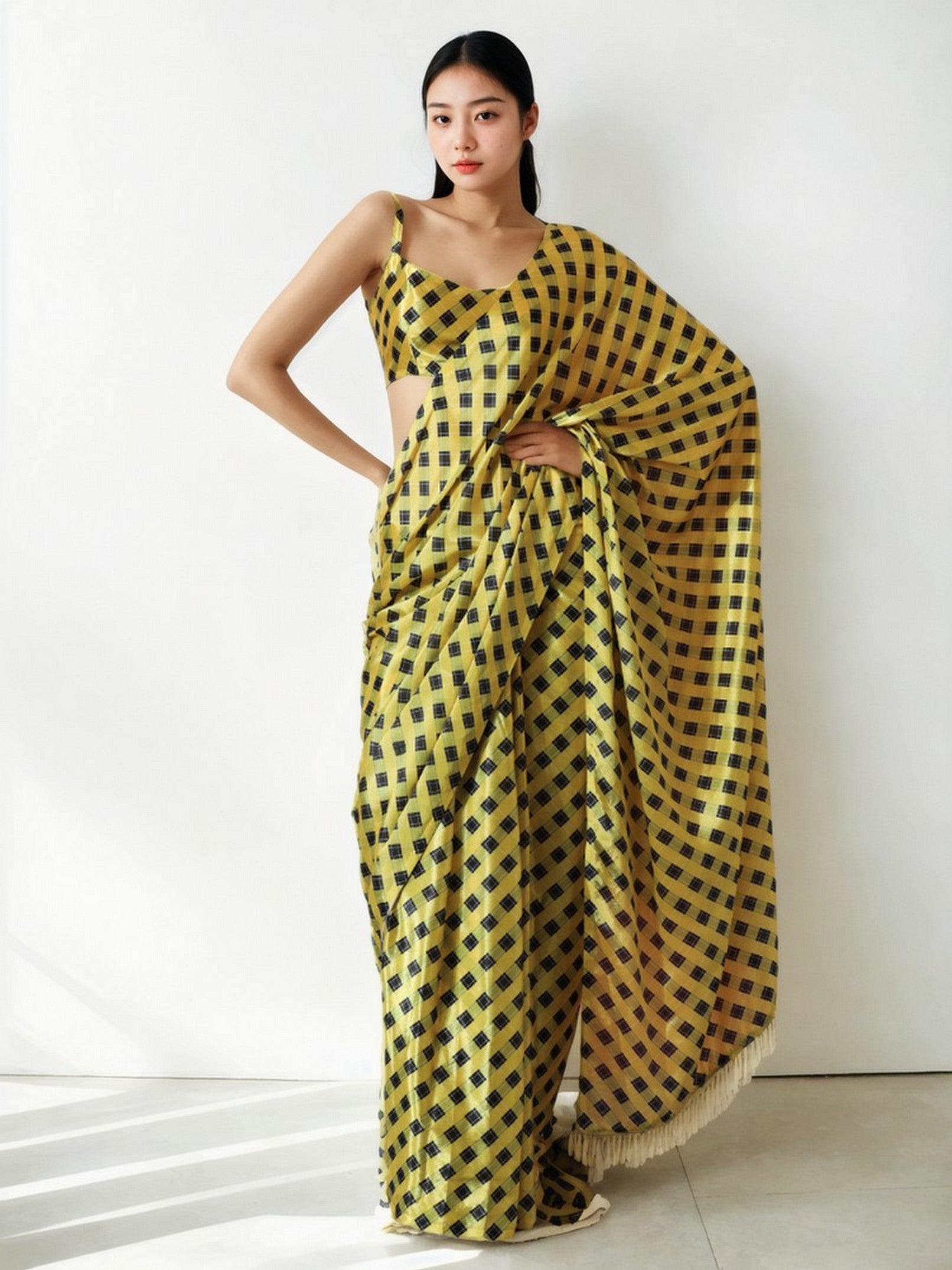 Yellow Chinon Designer Digital Printed Ready To Wear Saree