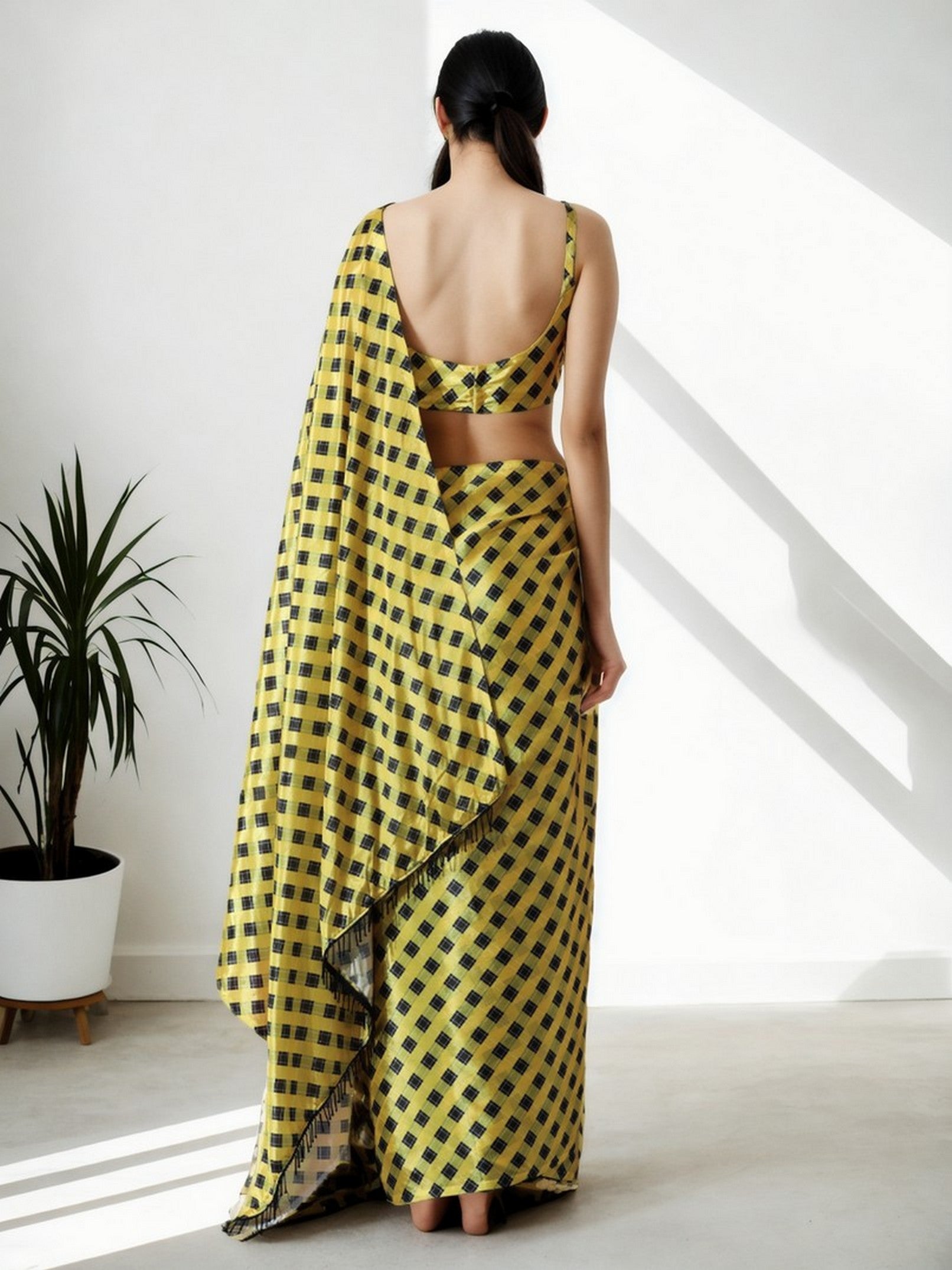 Yellow Chinon Designer Digital Printed Ready To Wear Saree