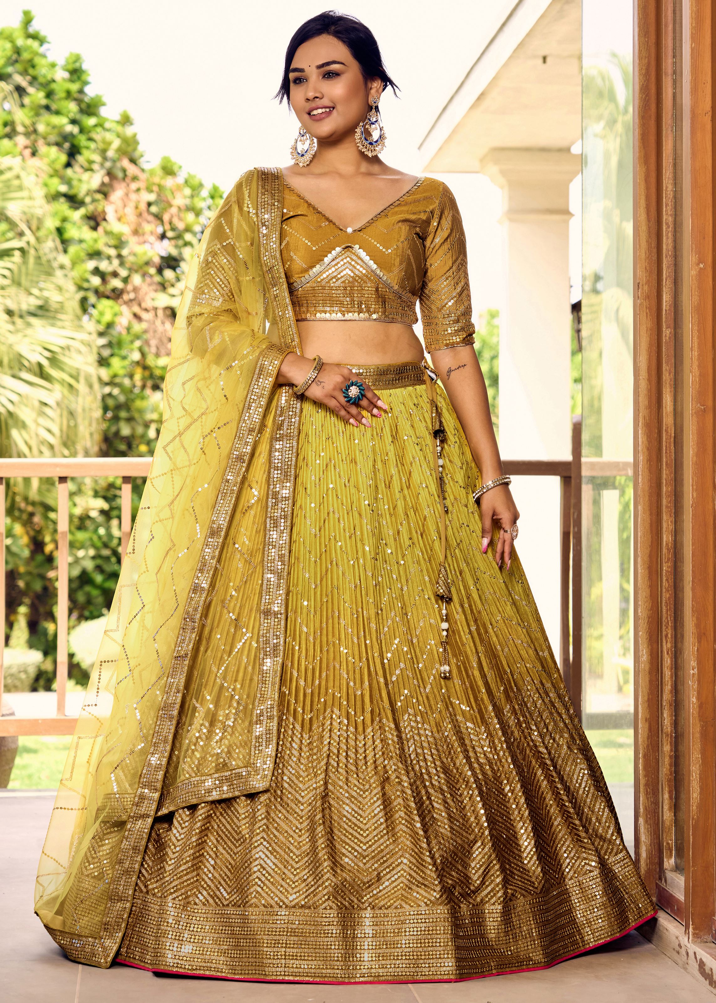 Yellow Chinon Lehenga Choli With Sequins, Thread Embroidery Work
