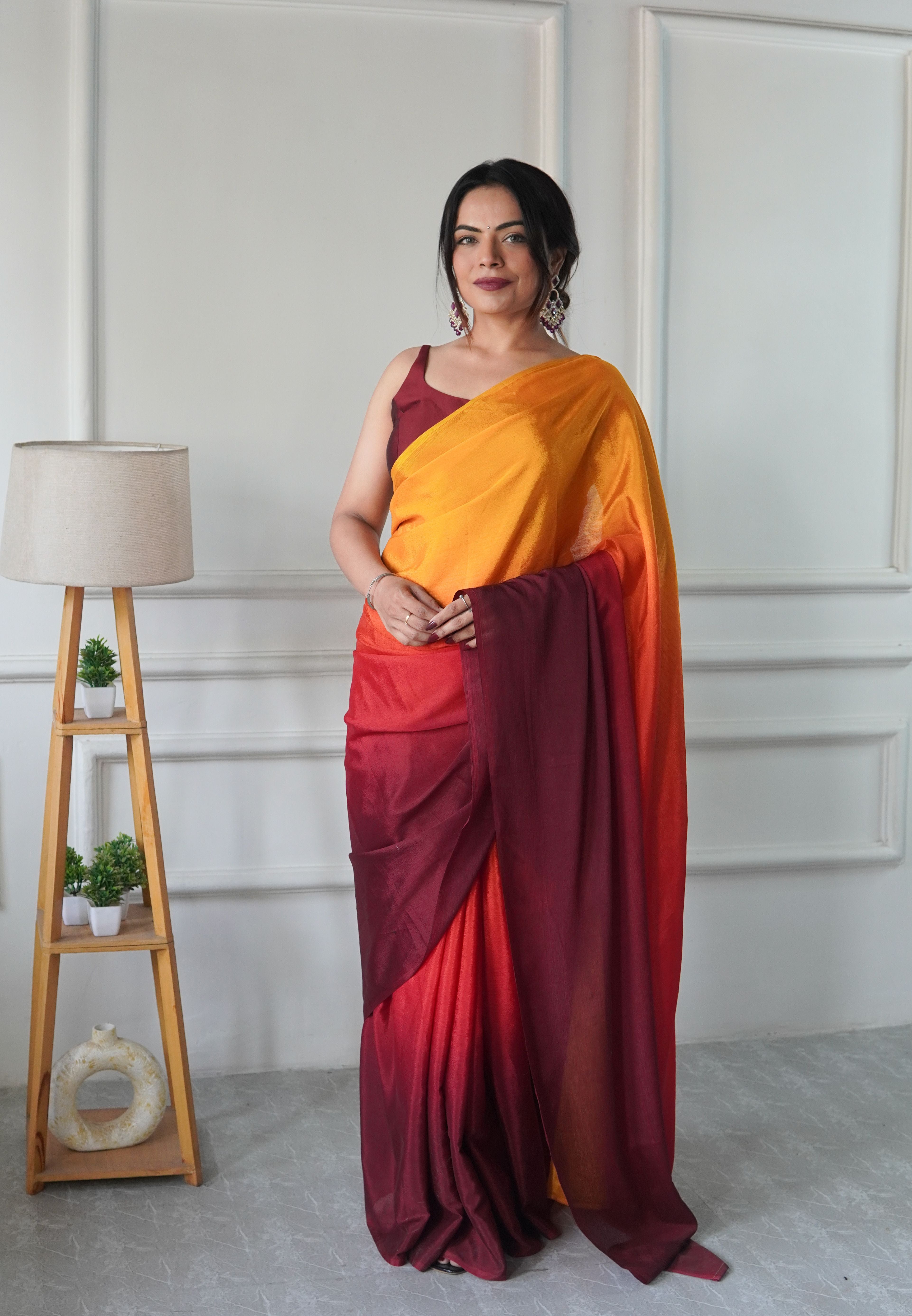 Yellow Chinon Pedding Solid Designer Ready To Wear Saree