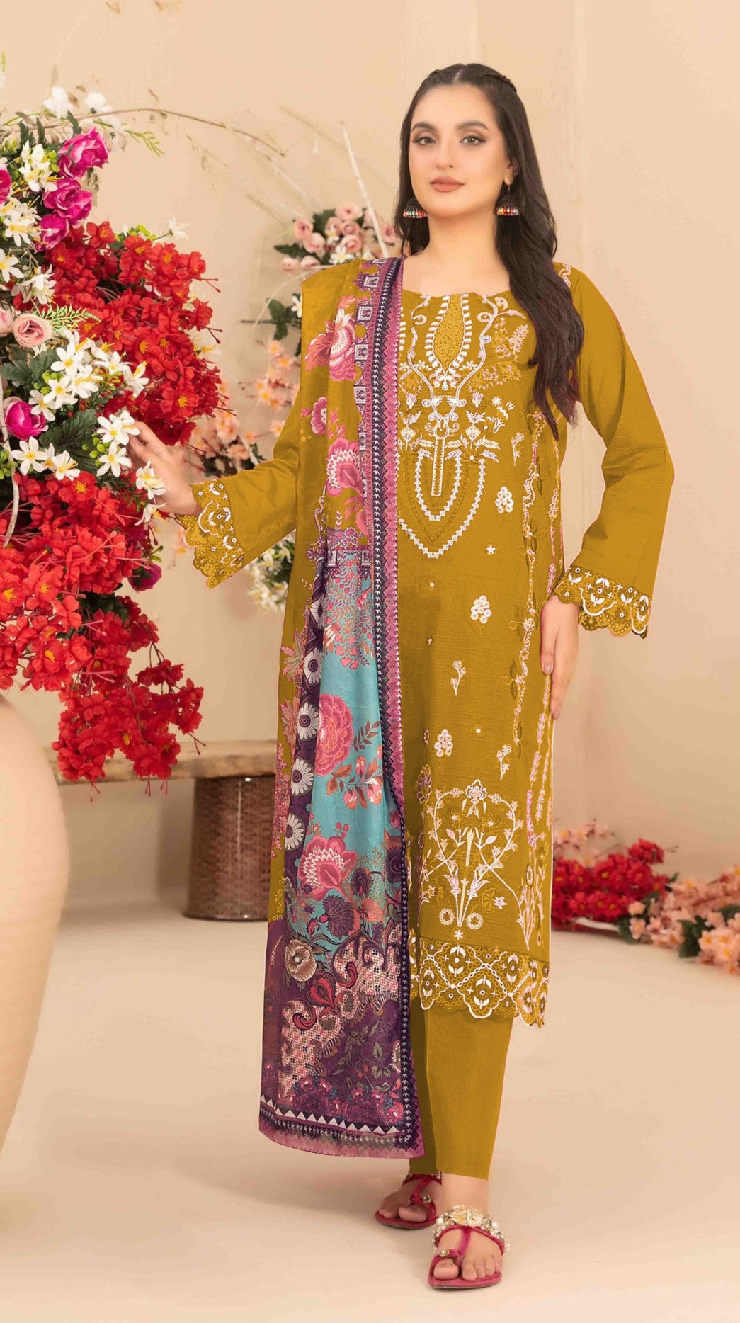 Yellow Cotton Designer Suit Set With Elegant Embroidery