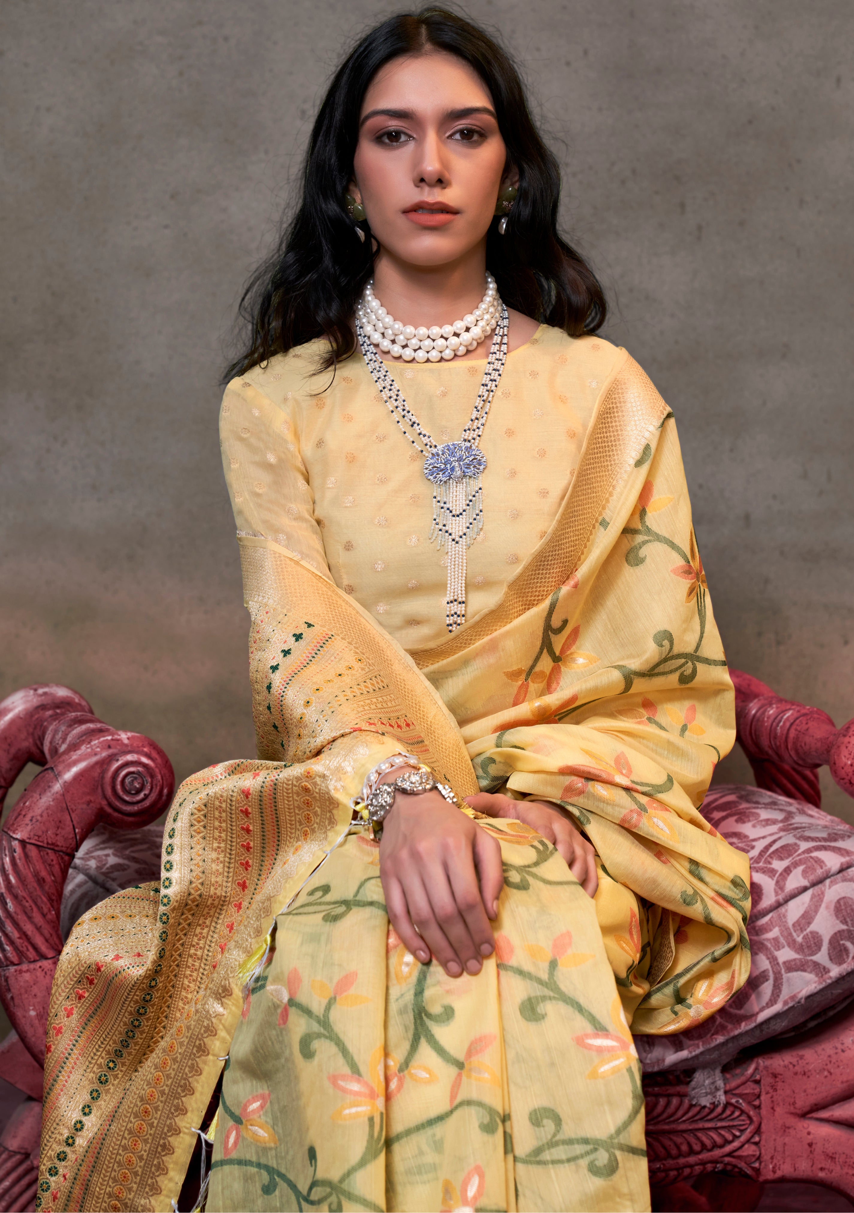 Yellow Cotton Saree With  Jacquard Woven Work