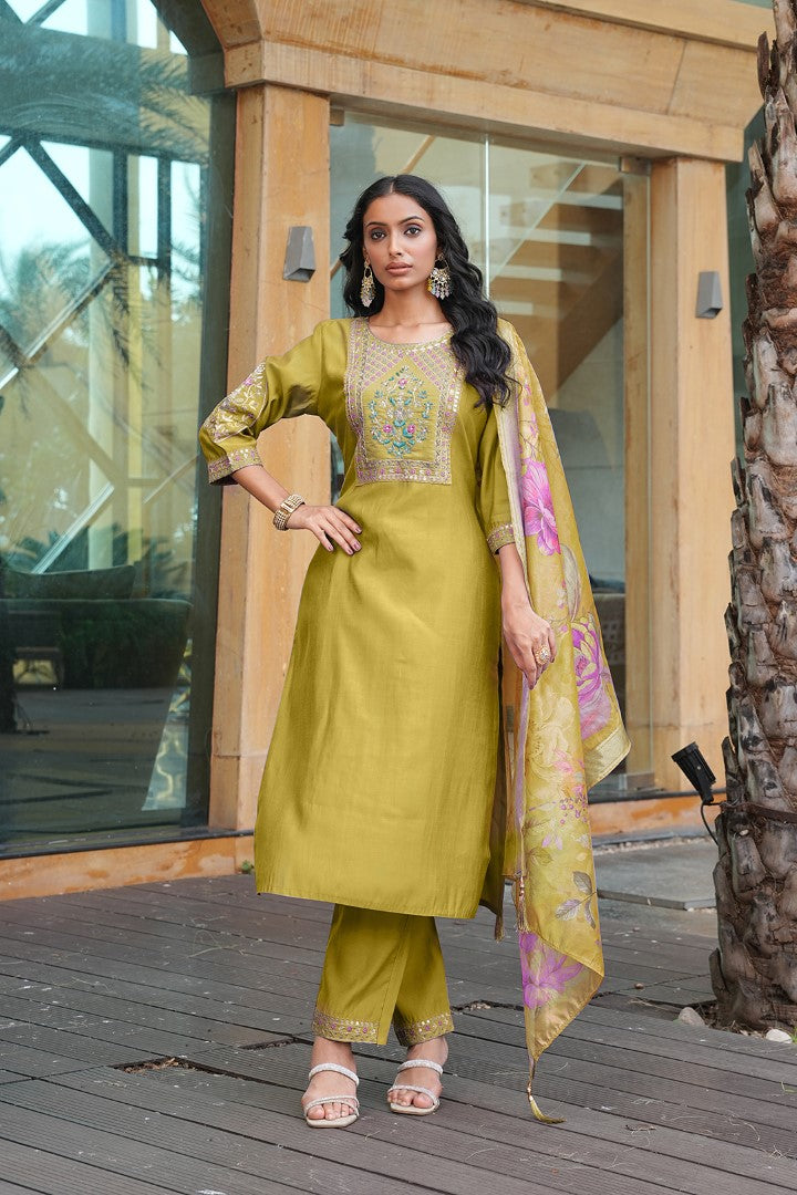 Yellow Cotton Silk Designer Suit Set With Artisan Embroidery