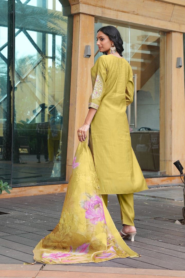 Yellow Cotton Silk Designer Suit Set With Artisan Embroidery