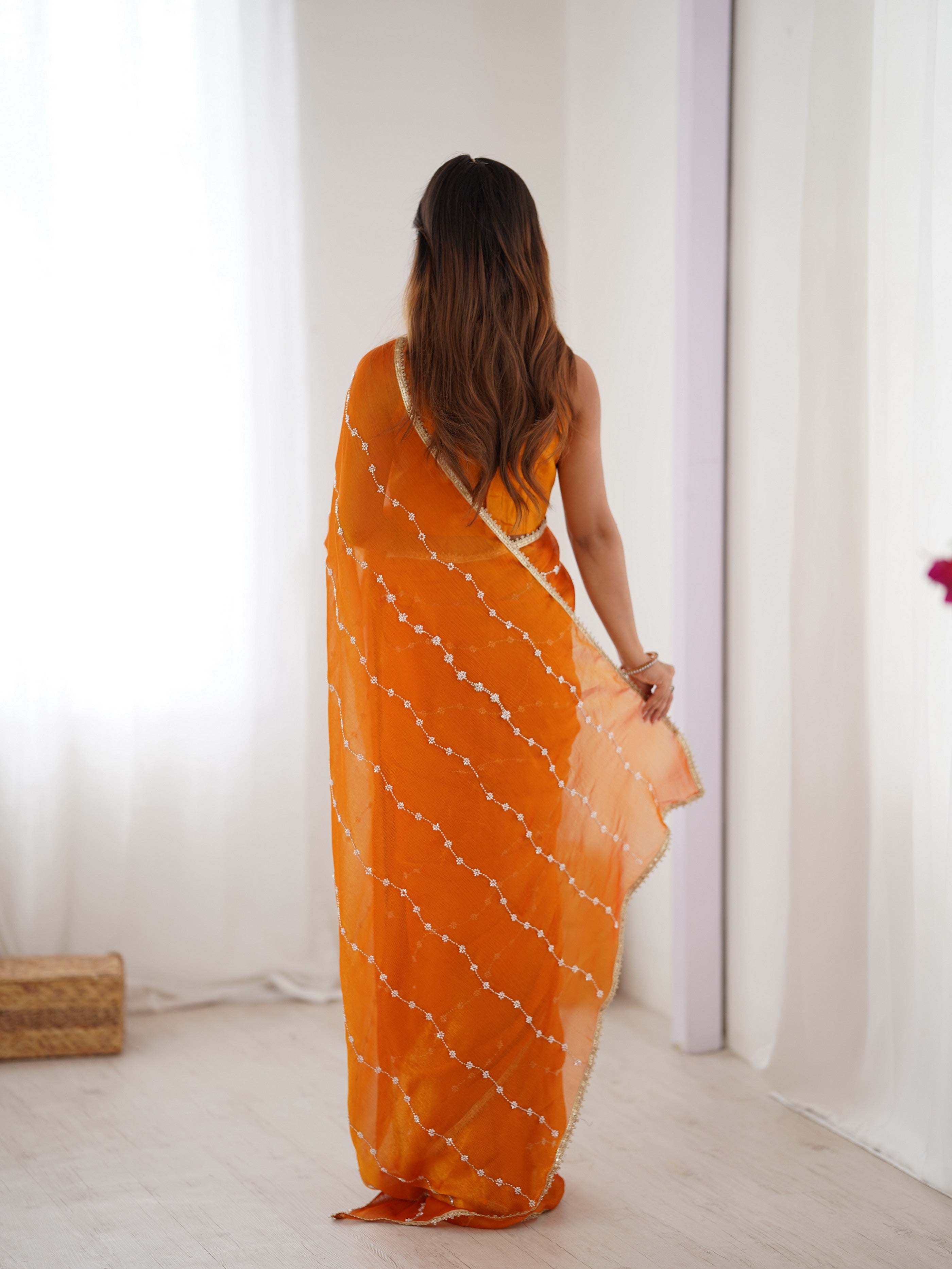 Yellow Designer Beads Work Sitara Chiffon Girlie Ceremonial Saree