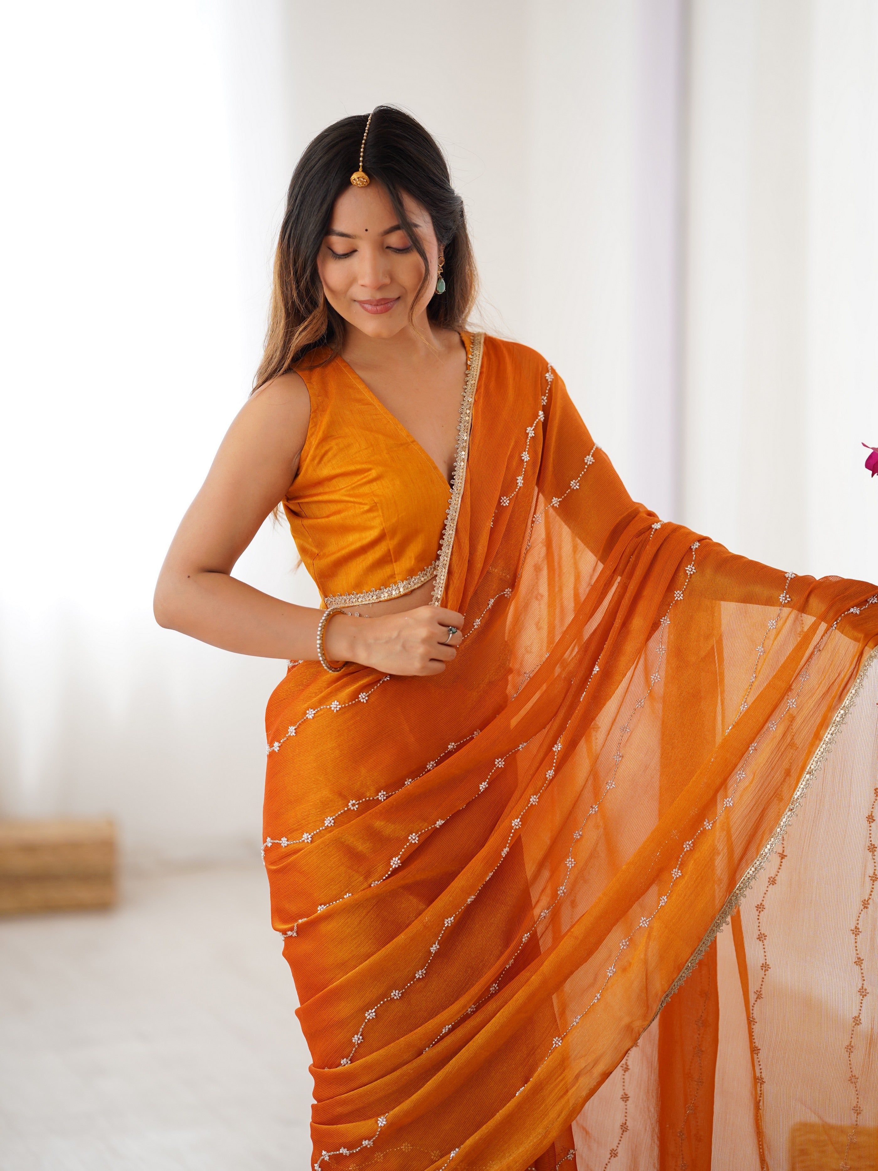Yellow Designer Beads Work Sitara Chiffon Girlie Ceremonial Saree