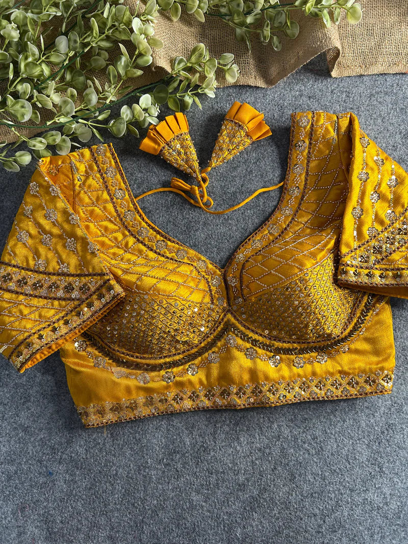 Yellow Designer Bridal Blouse with Heavy Stars, Beads & Sequins Work  Italian Silk