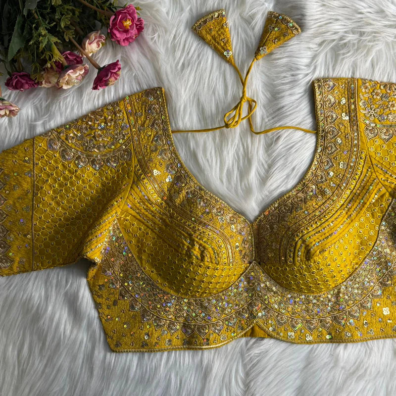 Yellow Designer Bridal Blouse with Heavy Stars, Rainbow & Sequins Work  Roman Silk