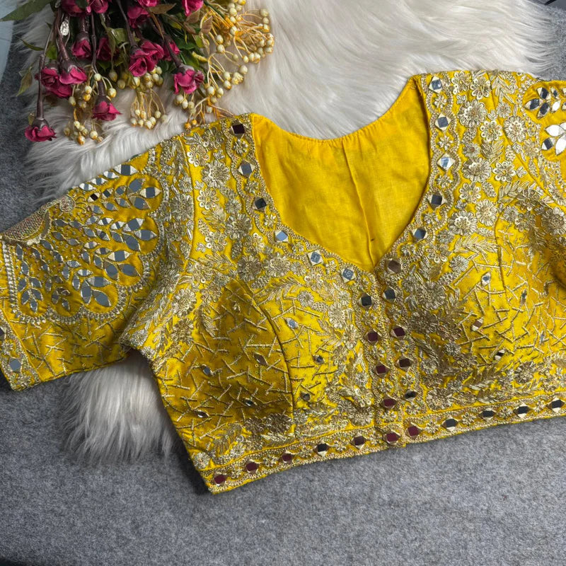 Yellow Designer Roman Silk Bridal Blouse with Mayur Mirror Work & Sequence Thread Work, Embroidery & Sequins