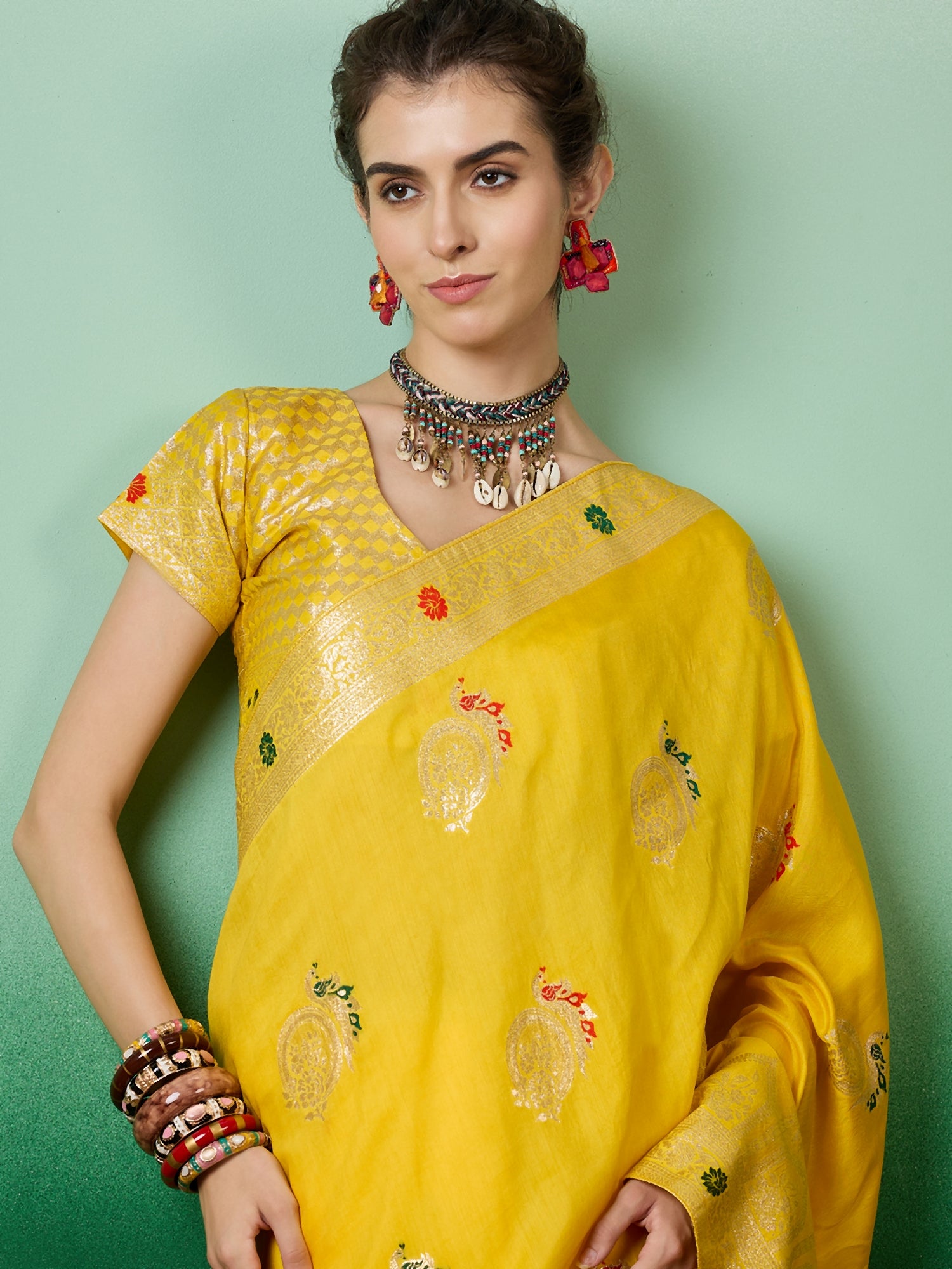 Yellow Dolla Cotton Woven Meenakari Designer Ethnic Festive Saree