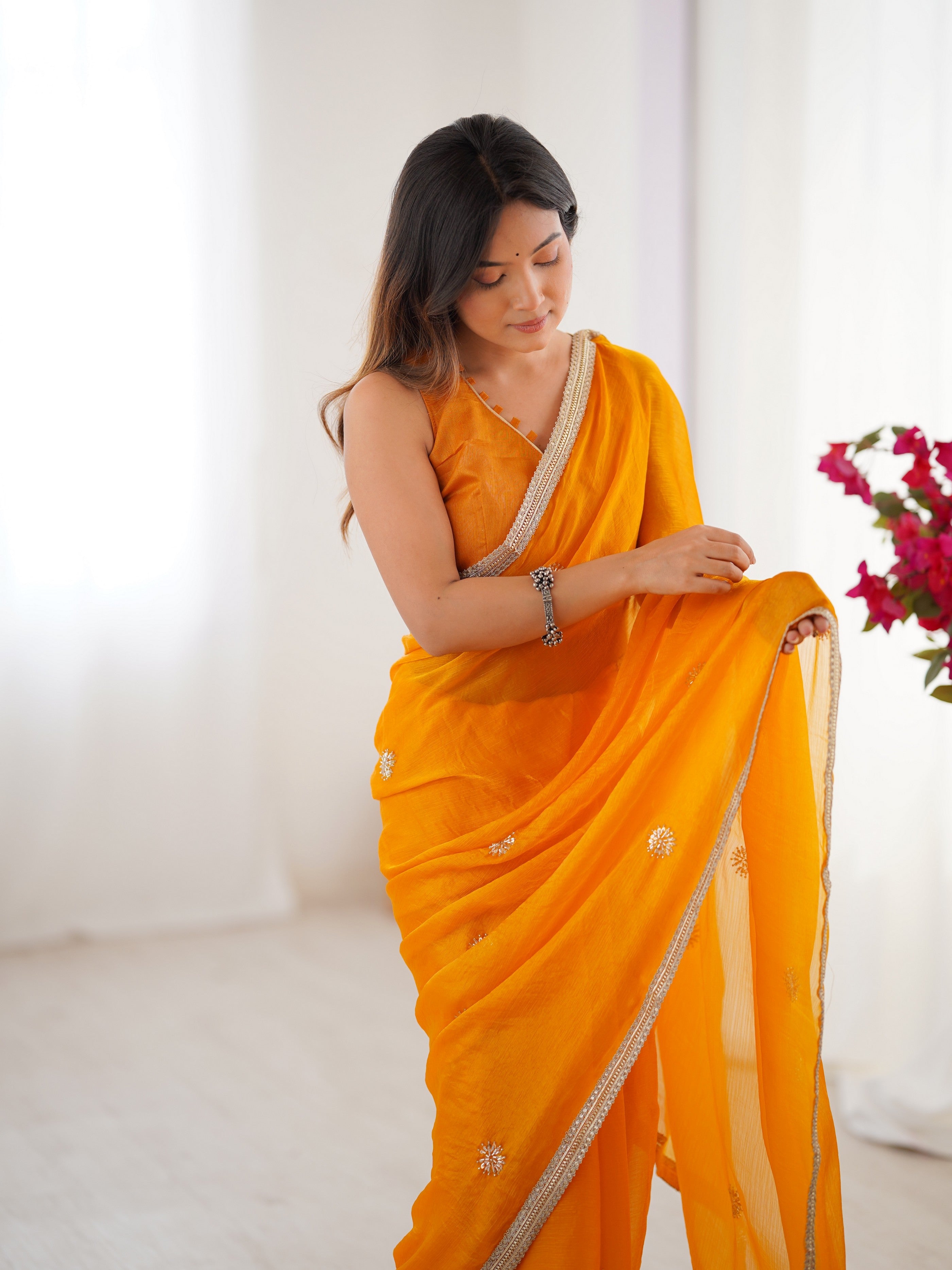 Yellow Fancy Stylish Partywear Saree For Girlie Ethnic Looks