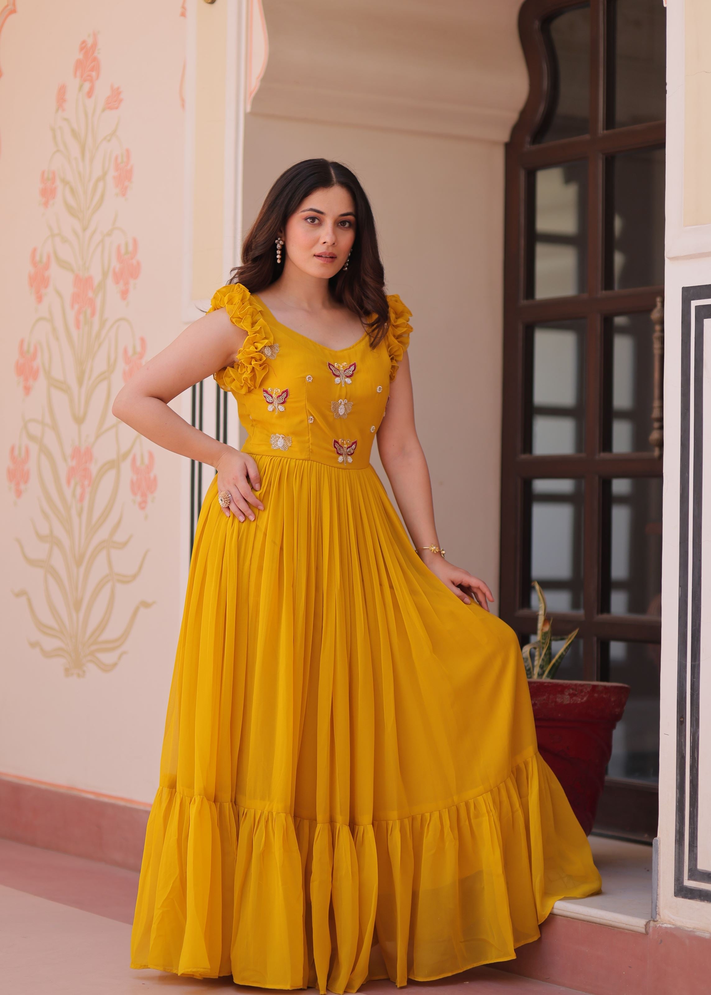 Yellow Faux Blooming Gown With Sequins Multithreaded Beads Embroidered work
