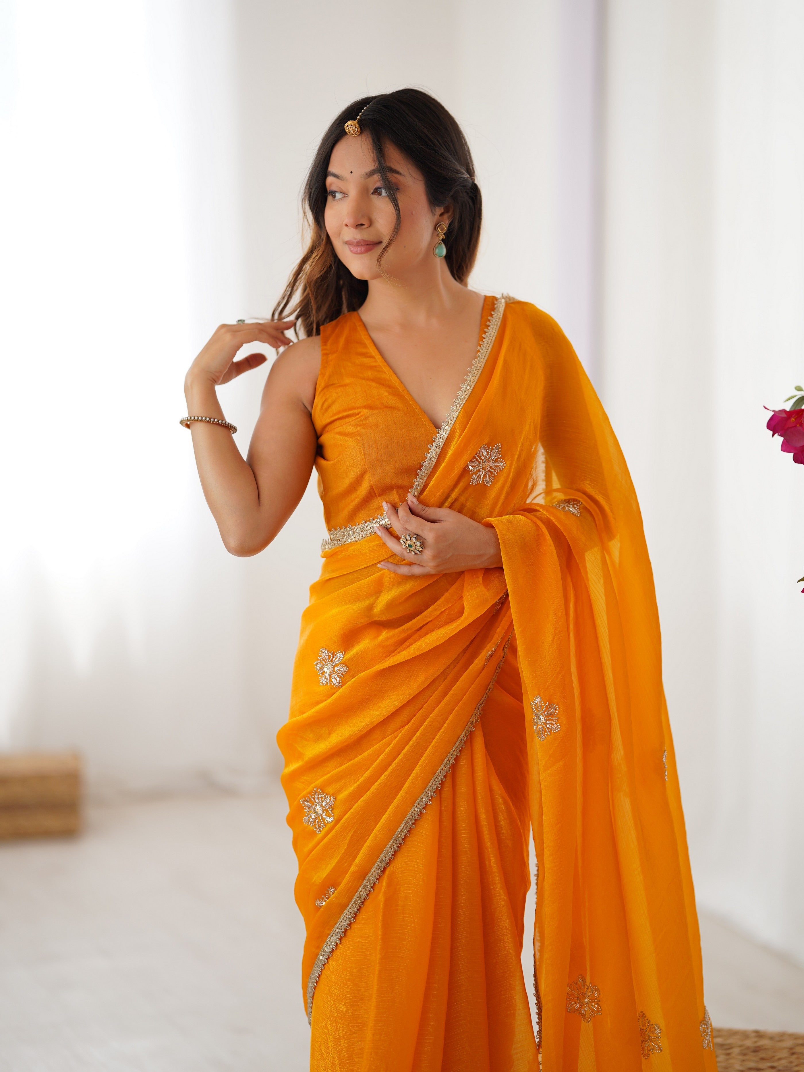 Yellow Fendy Designer Beads Moti And Val Sequance Work Partywear Saree