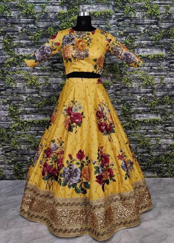 Yellow Floral Digital Printed Art Silk Bridal Lehenga Choli