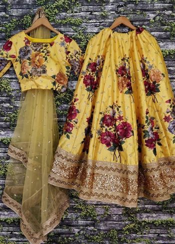 Yellow Floral Digital Printed Art Silk Bridal Lehenga Choli