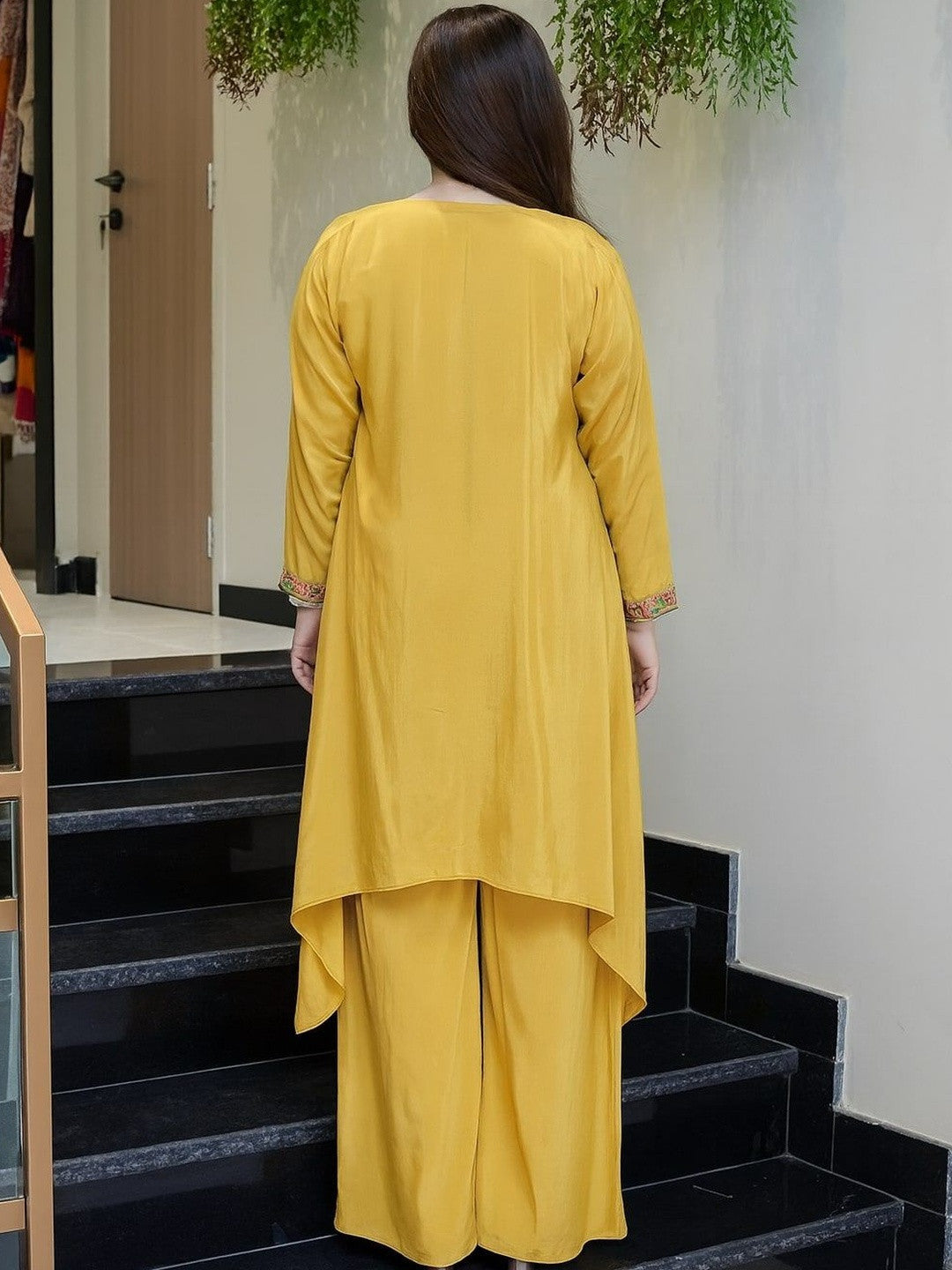 Yellow French Crepe Co-Ord Set With Heavy Thread Embroidery Work