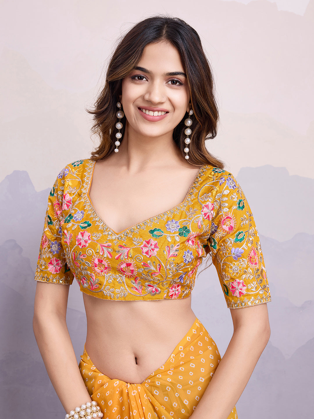 Yellow Georgette Designer Partywear Bandhej Saree