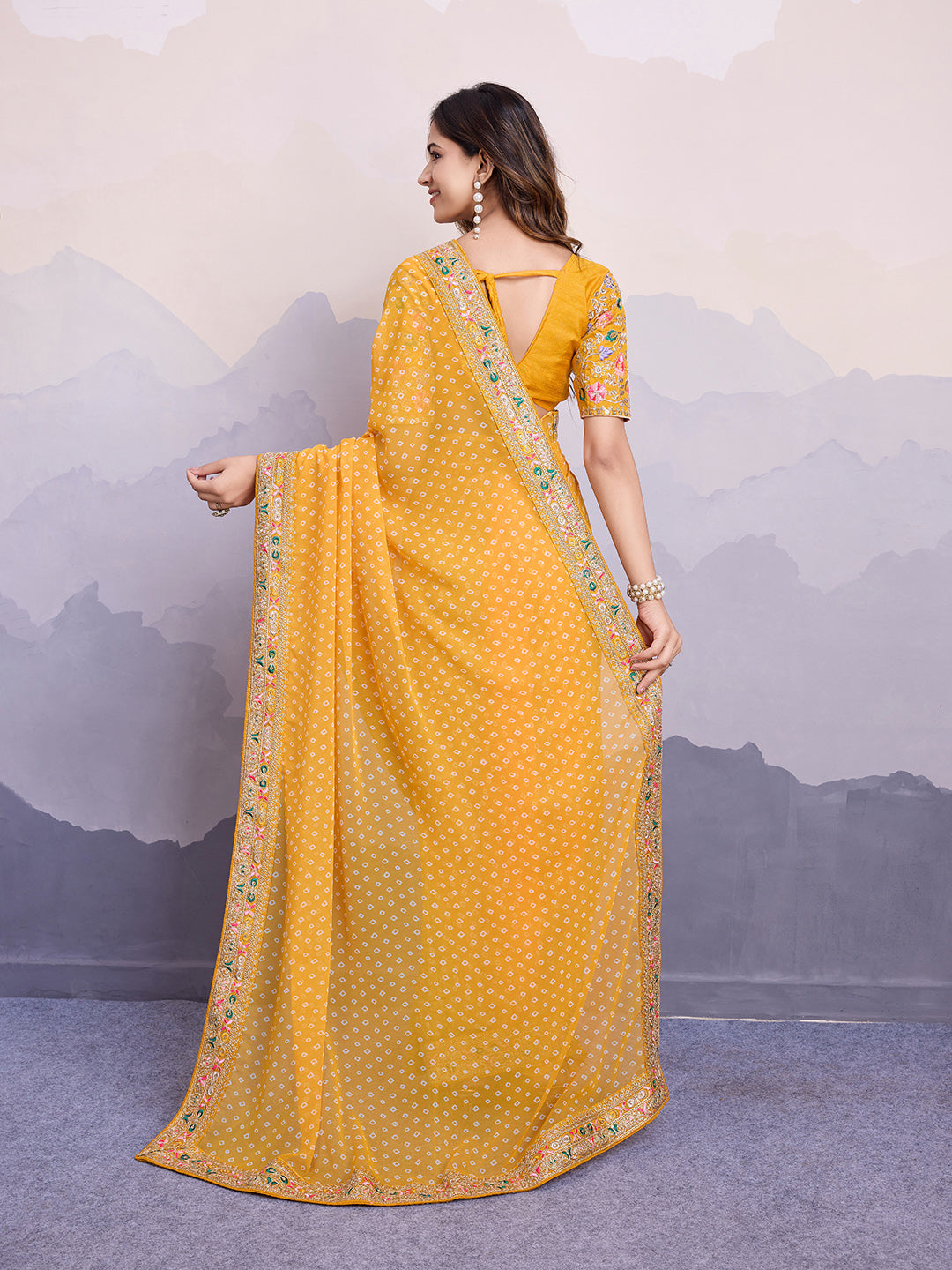 Yellow Georgette Designer Partywear Bandhej Saree
