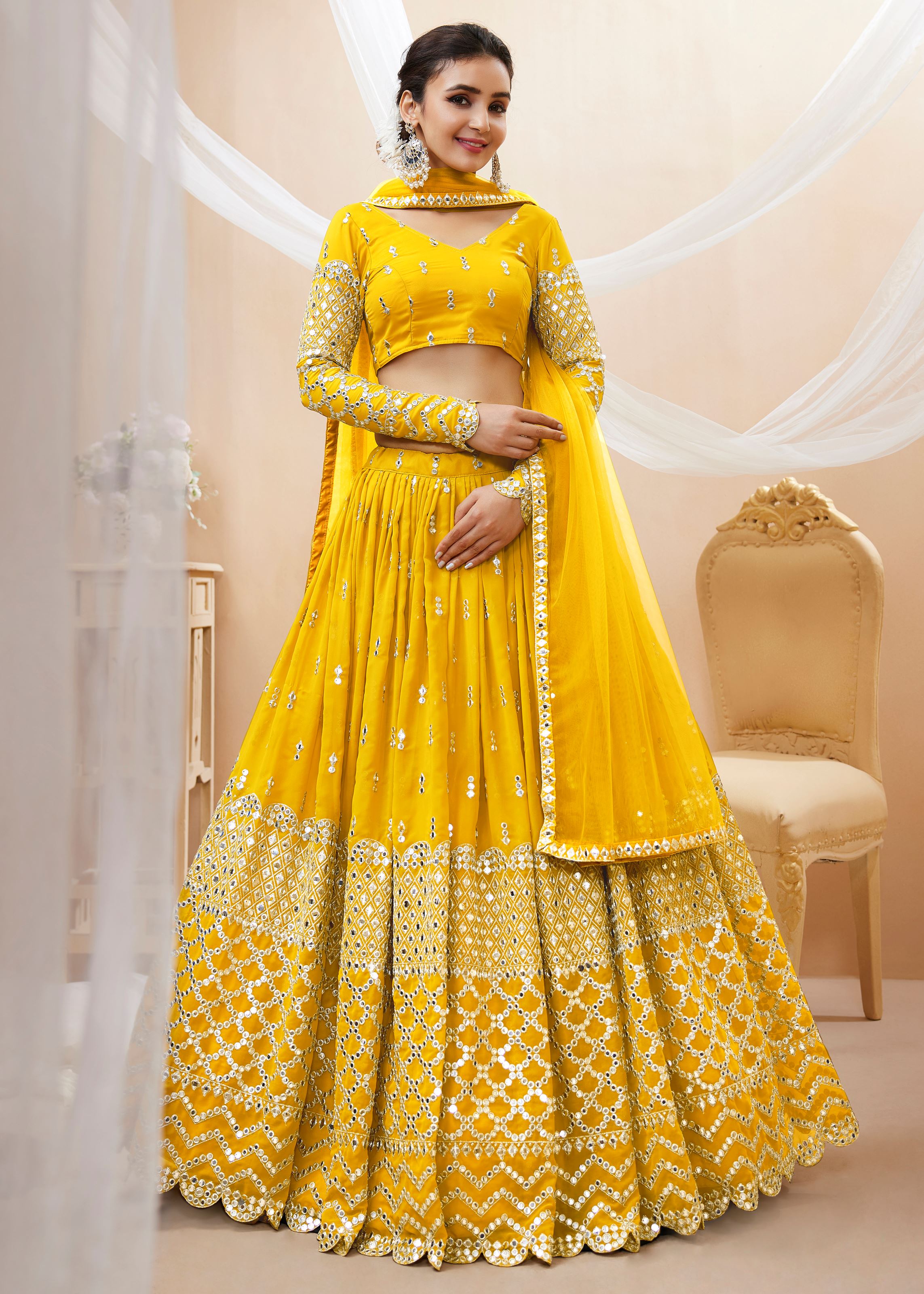 Yellow Georgette Lehenga Choli With Sequins Zari Embroidered Work