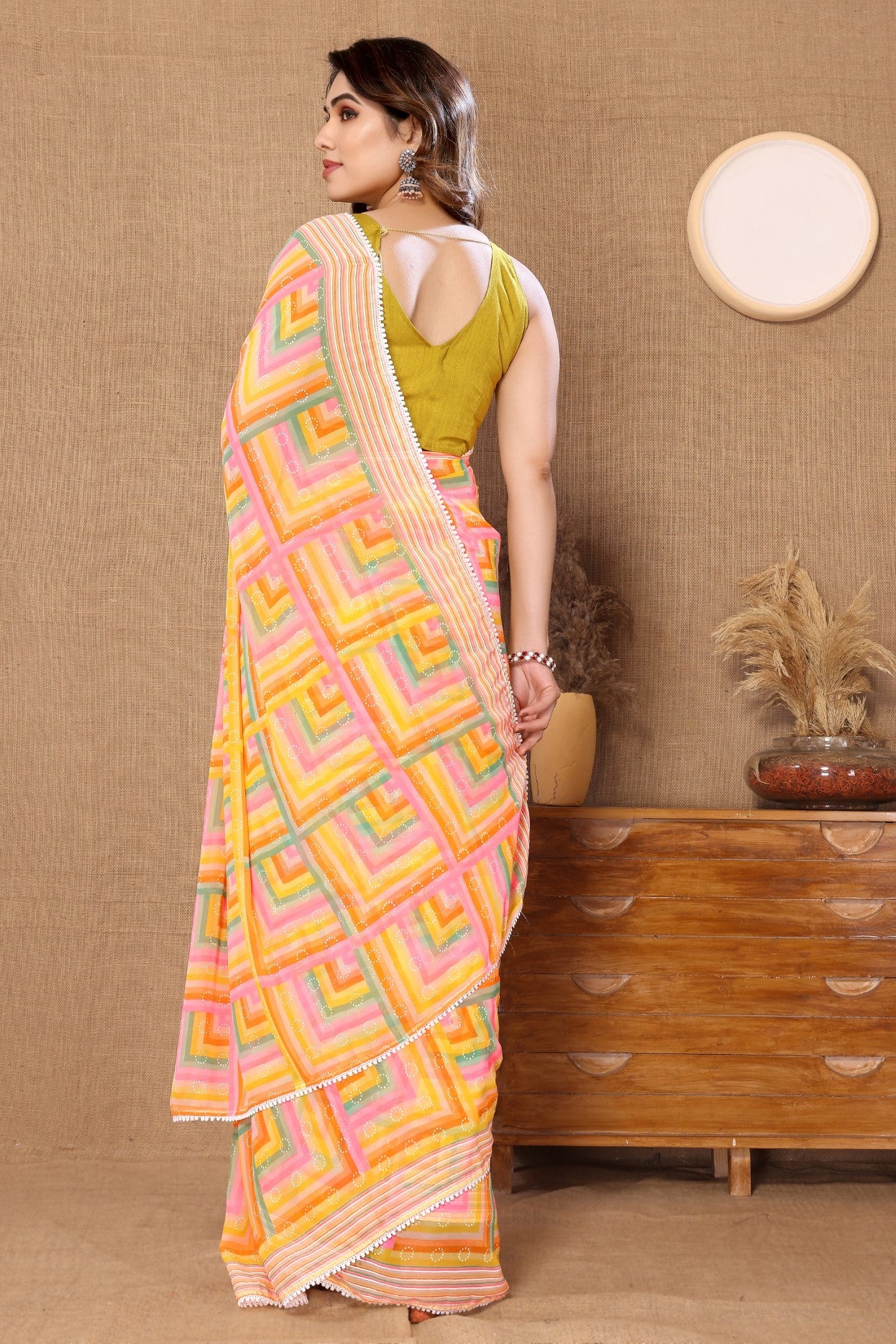 Yellow Georgette Ready-to-Wear Printed Saree with Lace