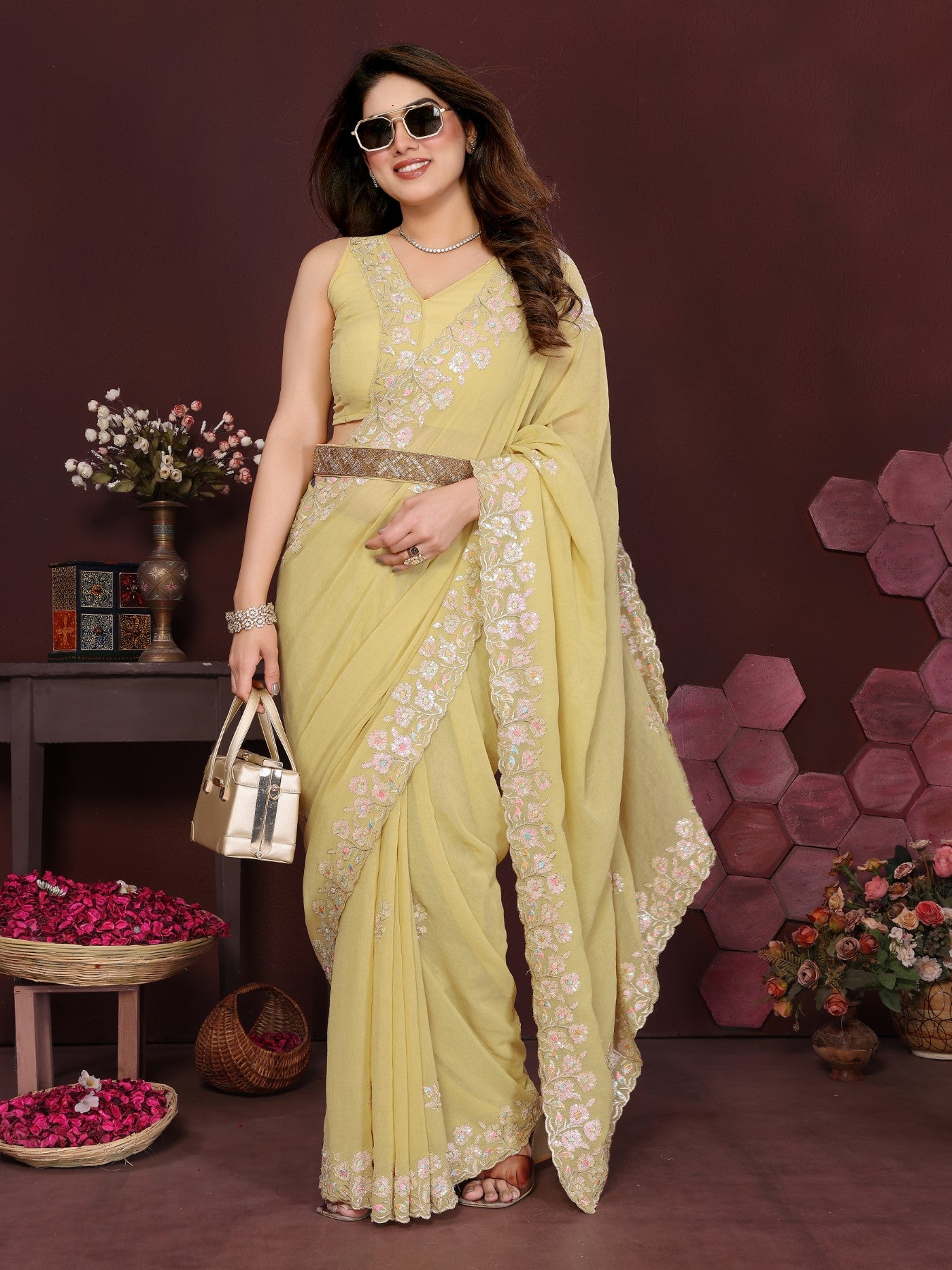 Yellow Georgette Saree With Embroidery Work And Designer Blouse