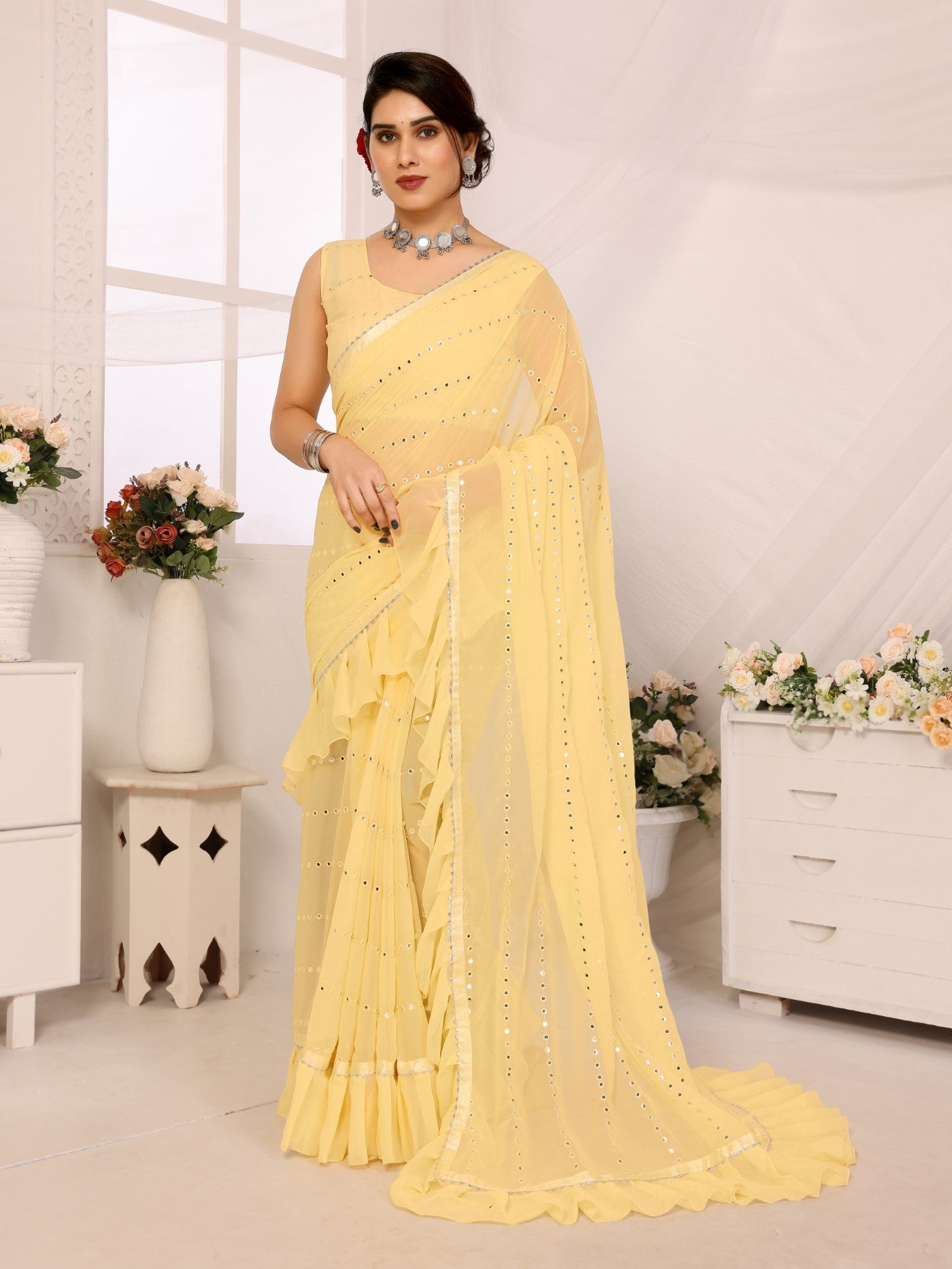 Yellow Georgette Saree With Ruffle Saree With Mirror Work With Mirror Work Blouse