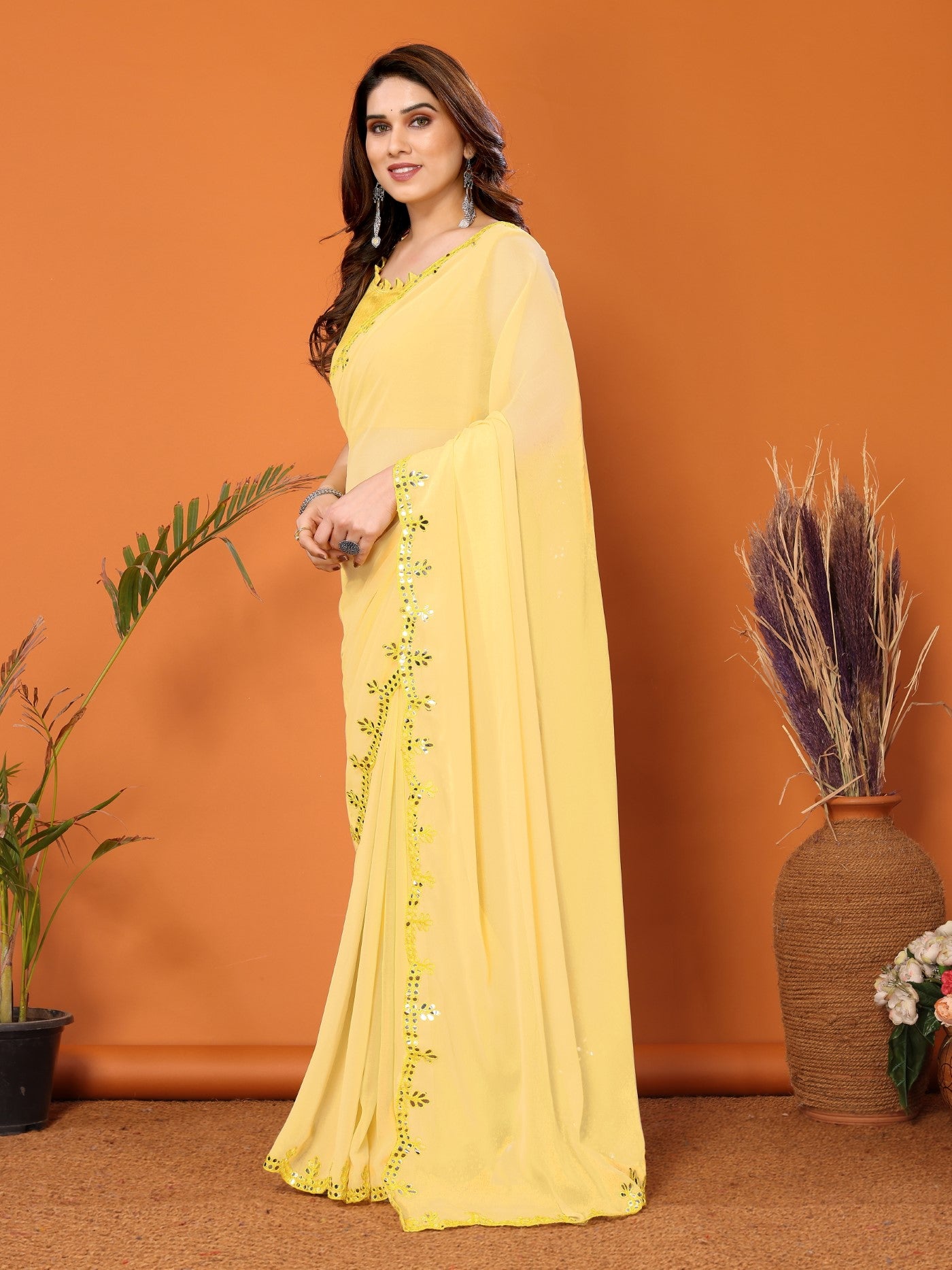 Yellow Georgette Saree with Mirror Work