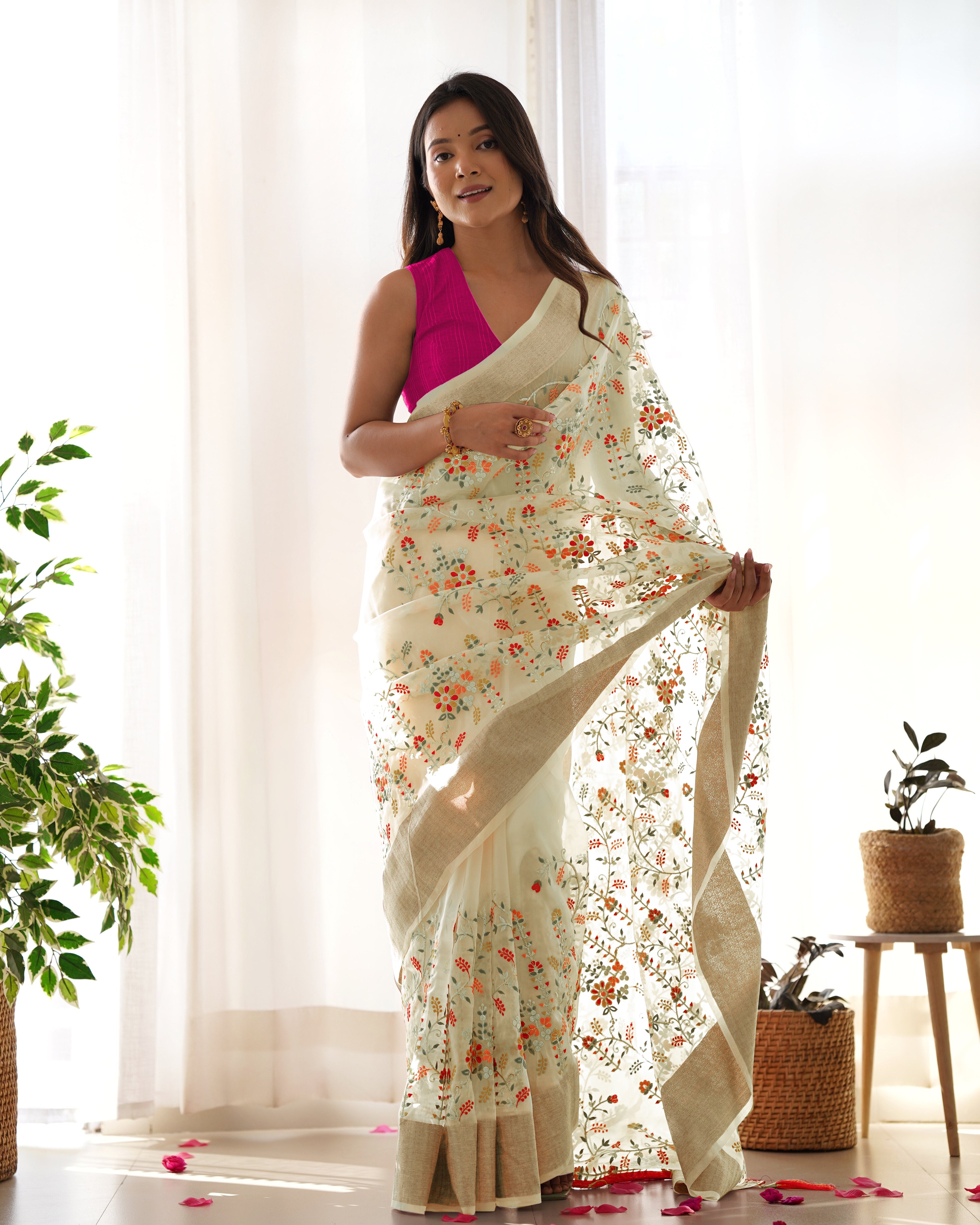 Yellow Girlie Organza Saree With Beautiful Resham Embroidery Work