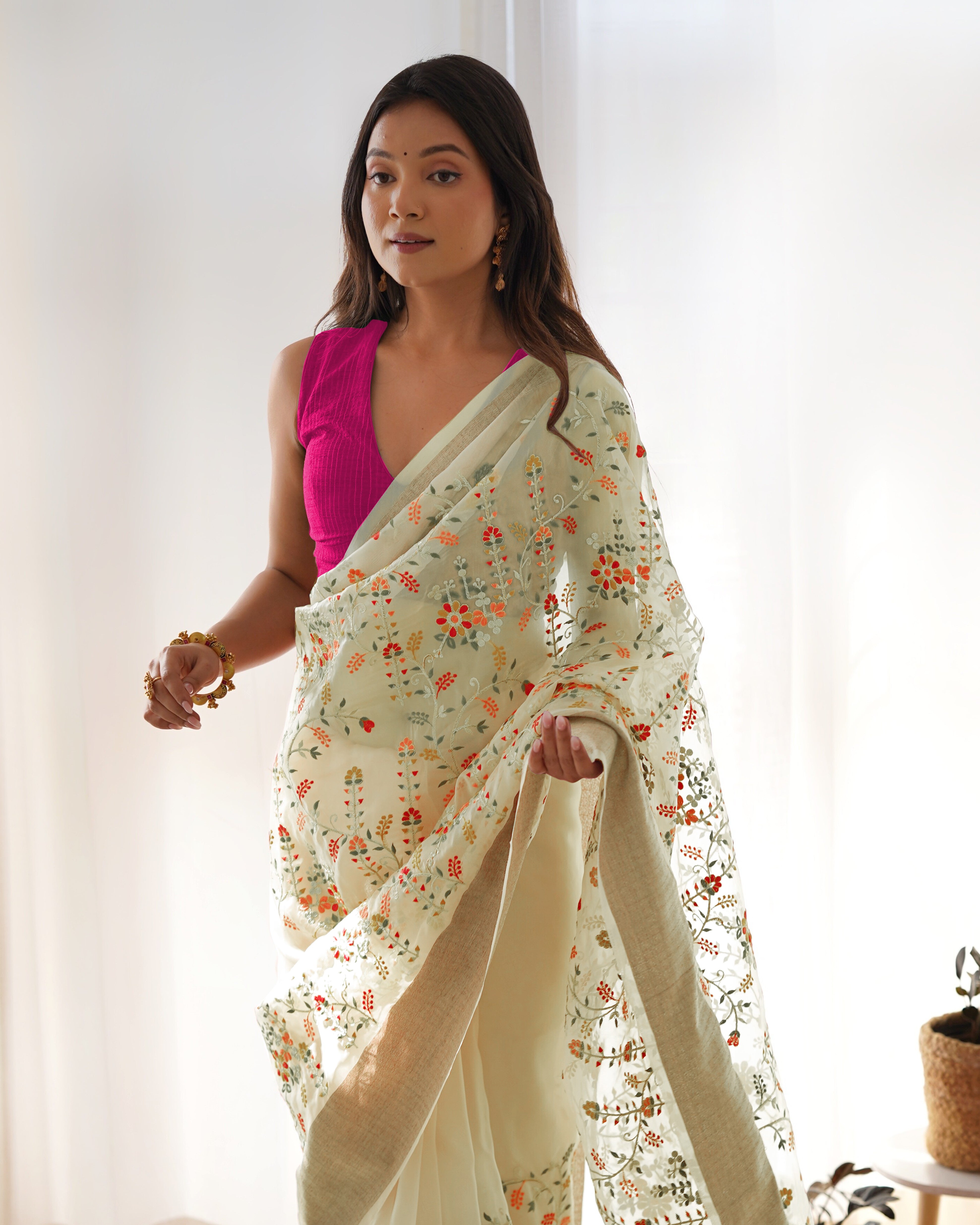 Yellow Girlie Organza Saree With Beautiful Resham Embroidery Work