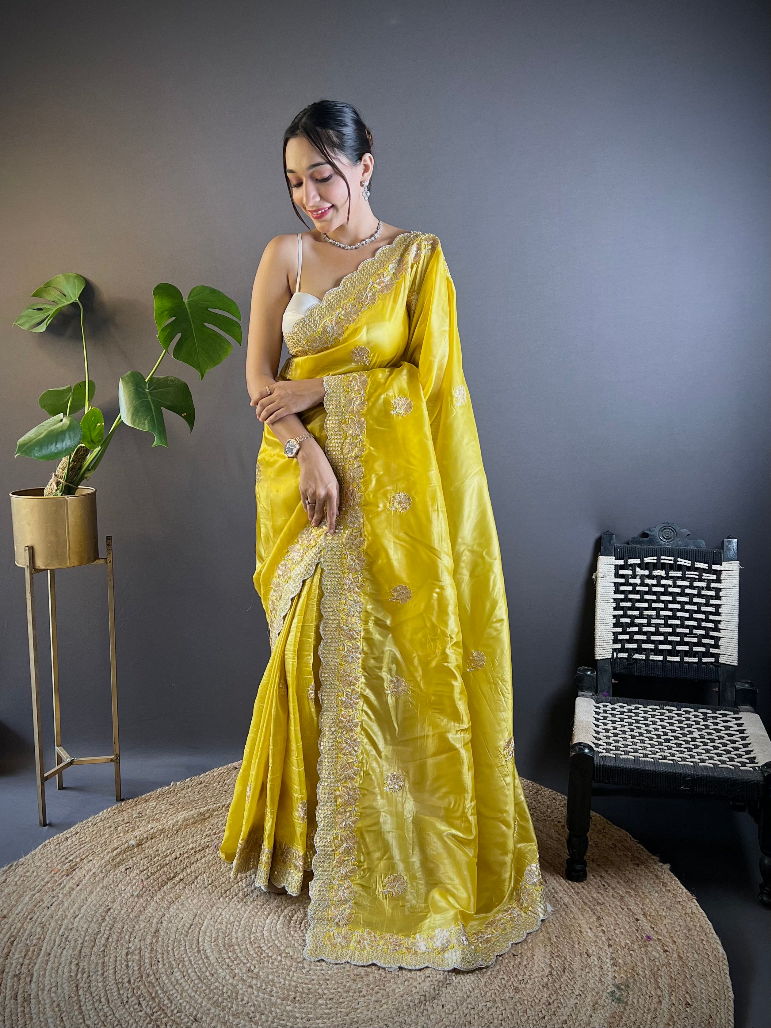 Yellow Gold Crunchy Saree With Sequins Embroidery And Cut Work