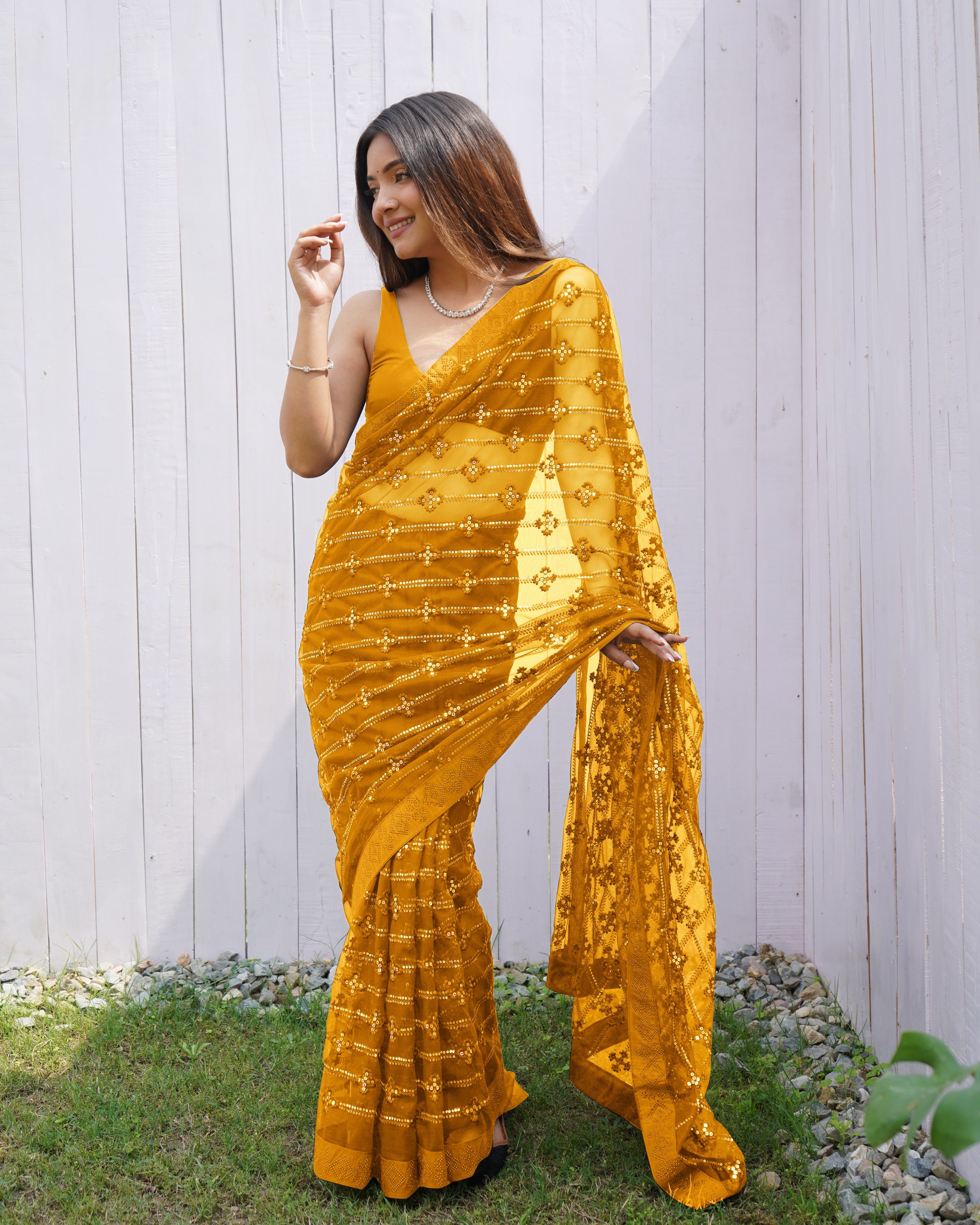 Yellow Graceful Butterfly Net Sequins Embroidery Saree With Diamond Work