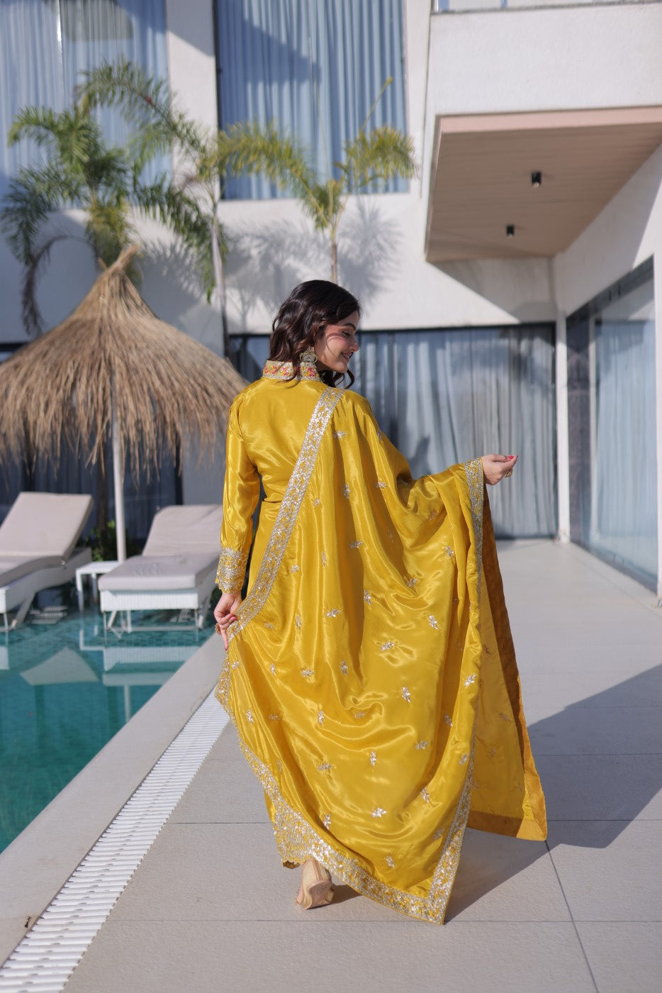 Yellow H O Silk Designer Suit Set With Sequin & Zari Embroidery