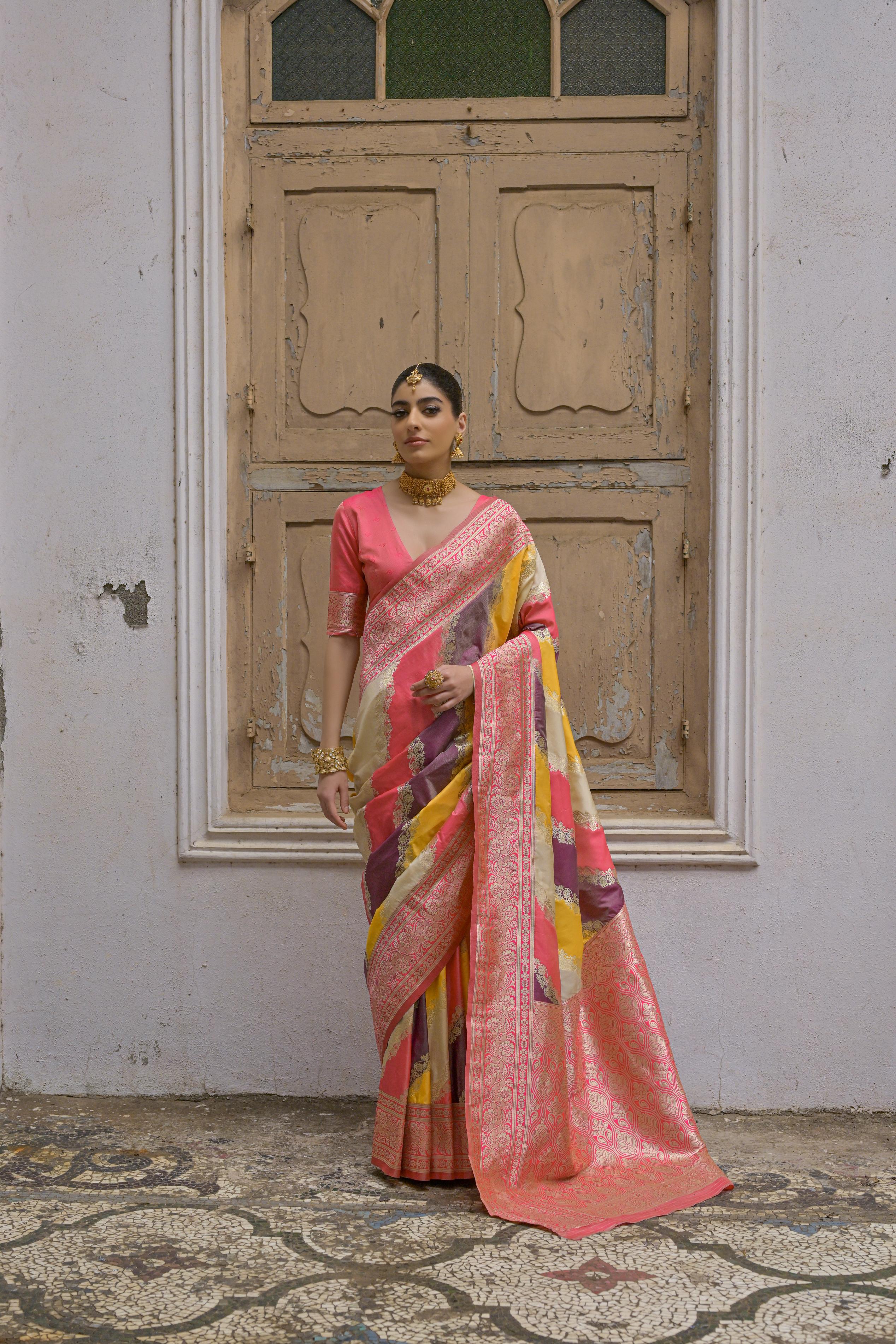 Yellow Handloom Woven Kadwa Style Designer Banarasi Silk Saree