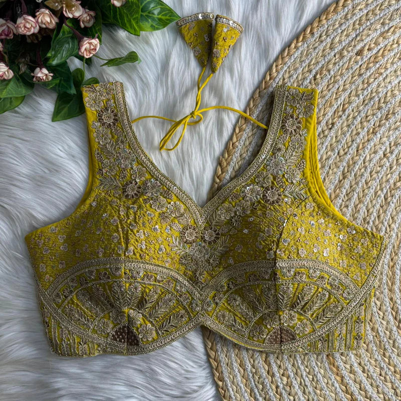 Yellow Jari & Sequins Work Bridal Blouse in Roman Silk with Embroidery