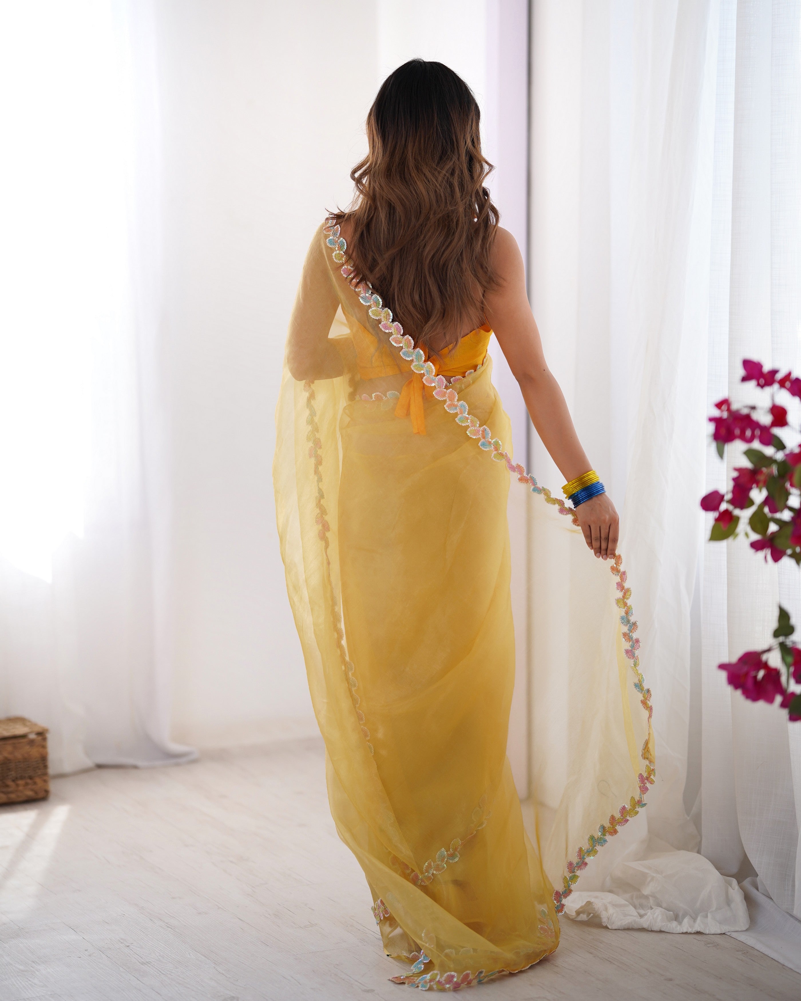 Yellow Jimmy Choo Designer Lace Work Fancy Partywear Saree