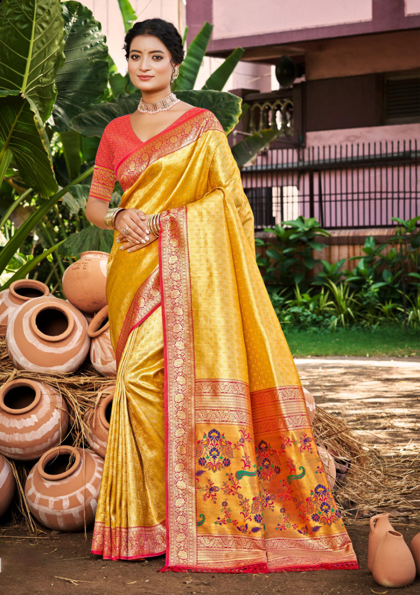 Yellow  Kanjivaram Silk Saree With Sophisticated Touch and Subtle Elegance