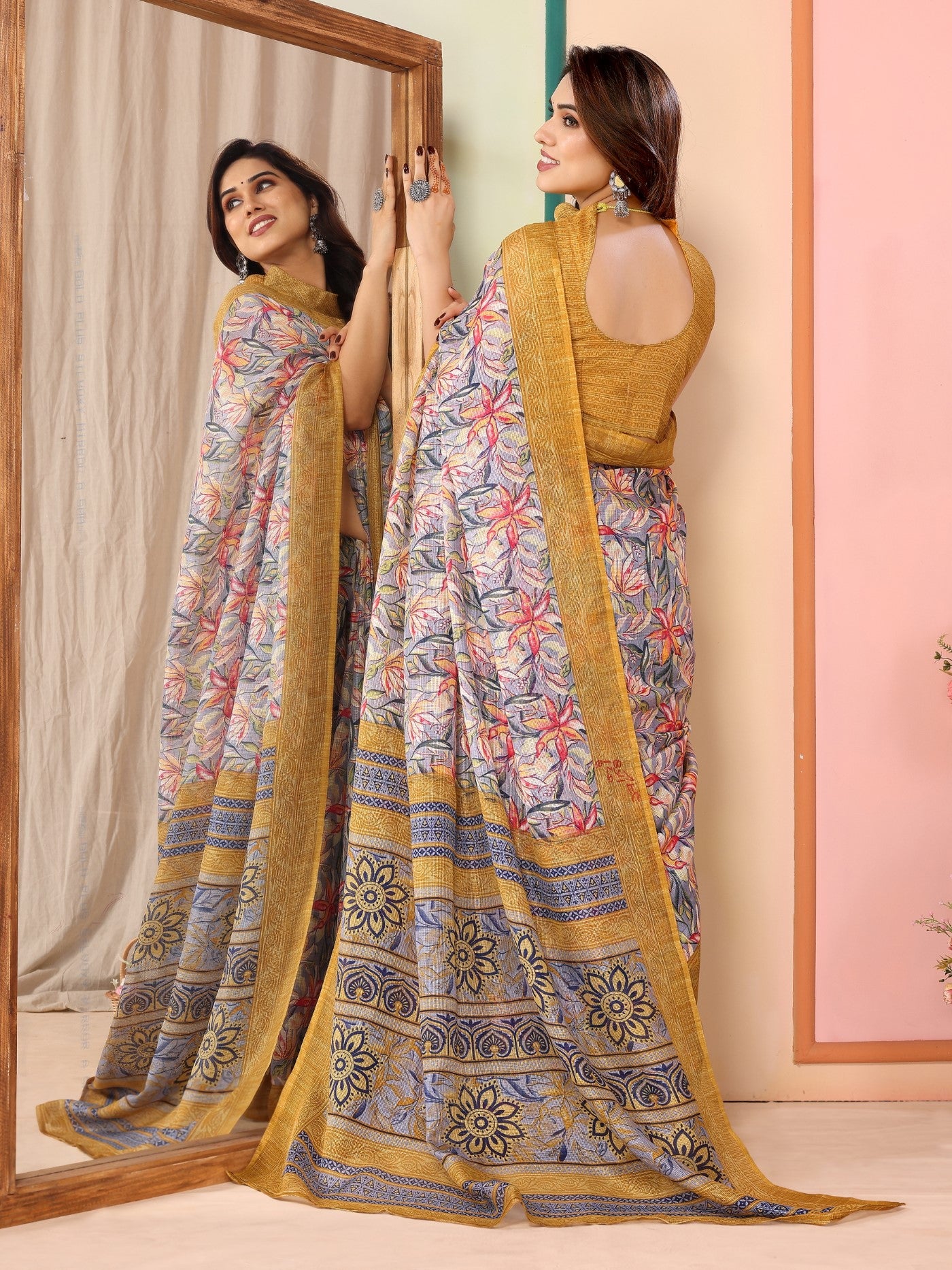 Yellow Kota Doriya Saree with Print