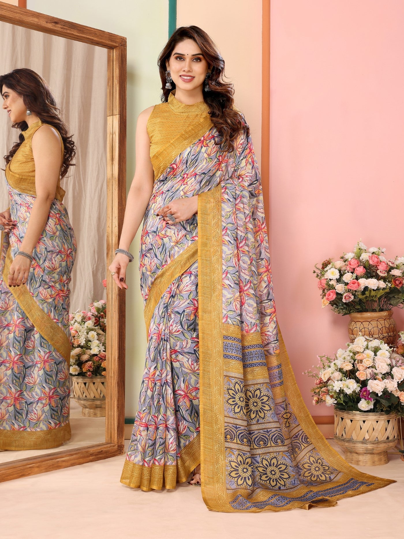 Yellow Kota Doriya Saree with Print