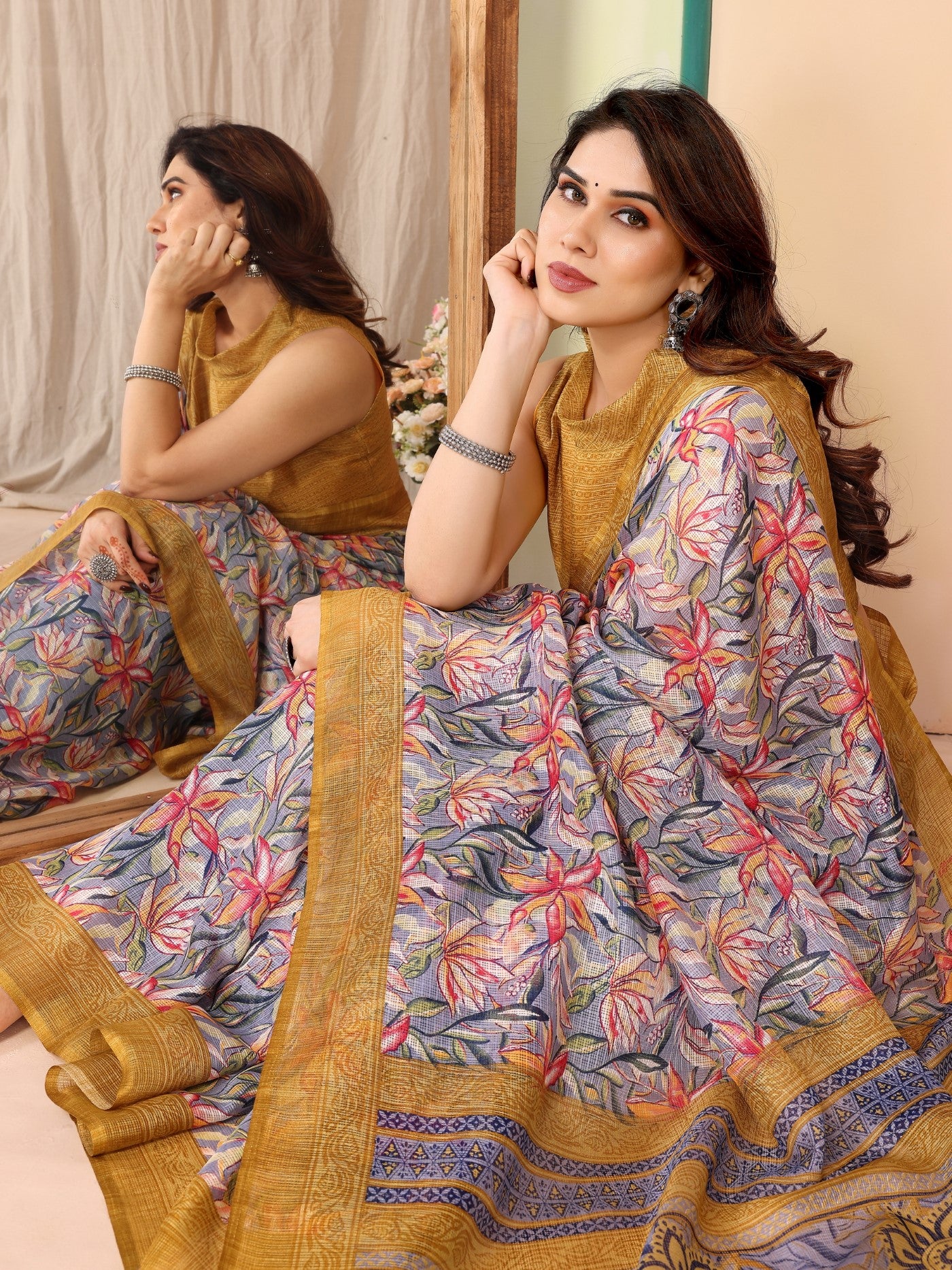Yellow Kota Doriya Saree with Print