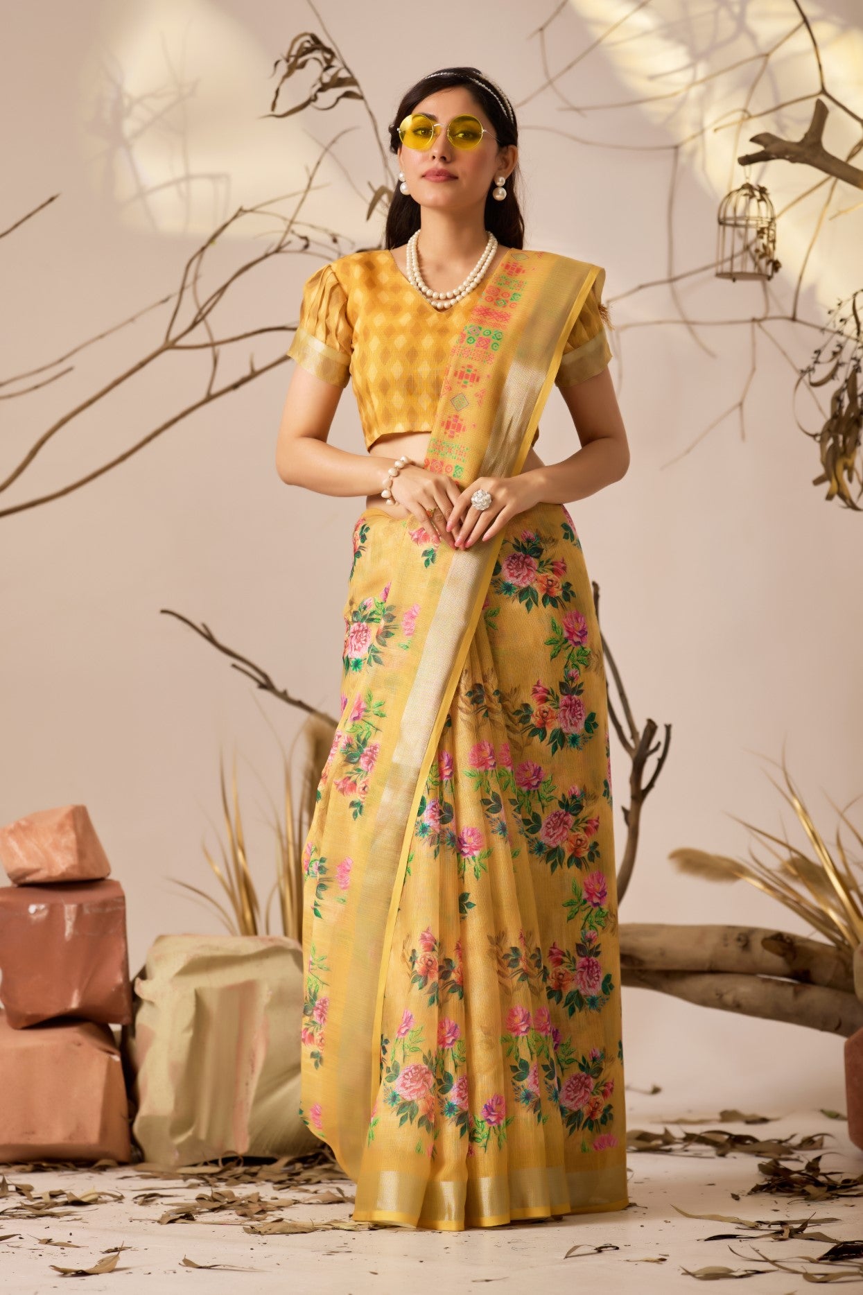 Yellow Linen Cotton Saree With Digital Printed Classic Elegant Saree