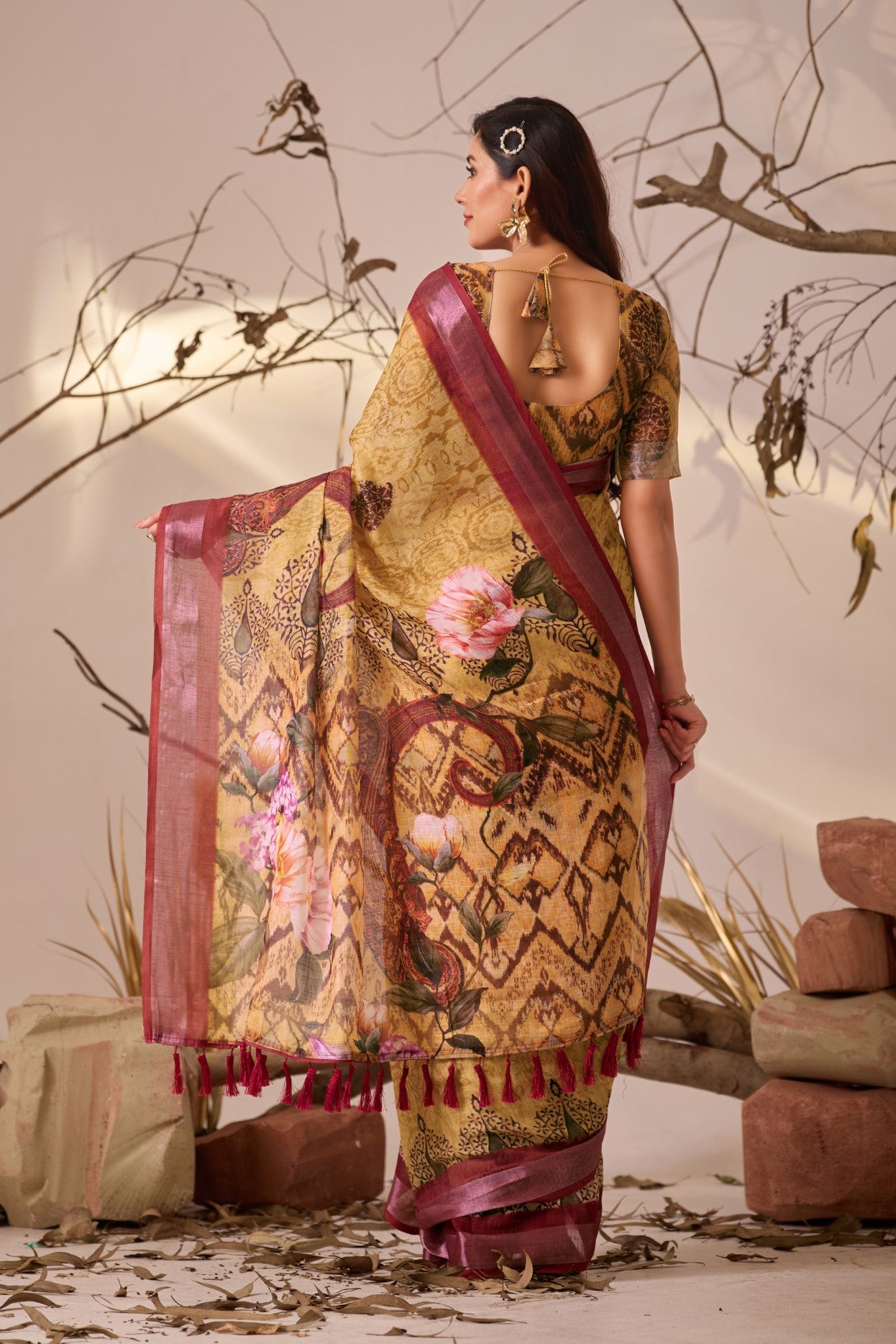 Yellow Linen Cotton Saree with Digital Print