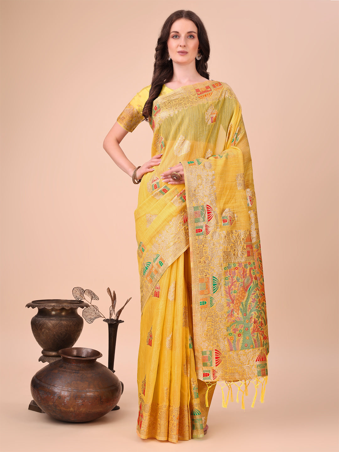 Yellow Linen Cotton Woven Jacquard Designer Ethnic Festive Wear Saree
