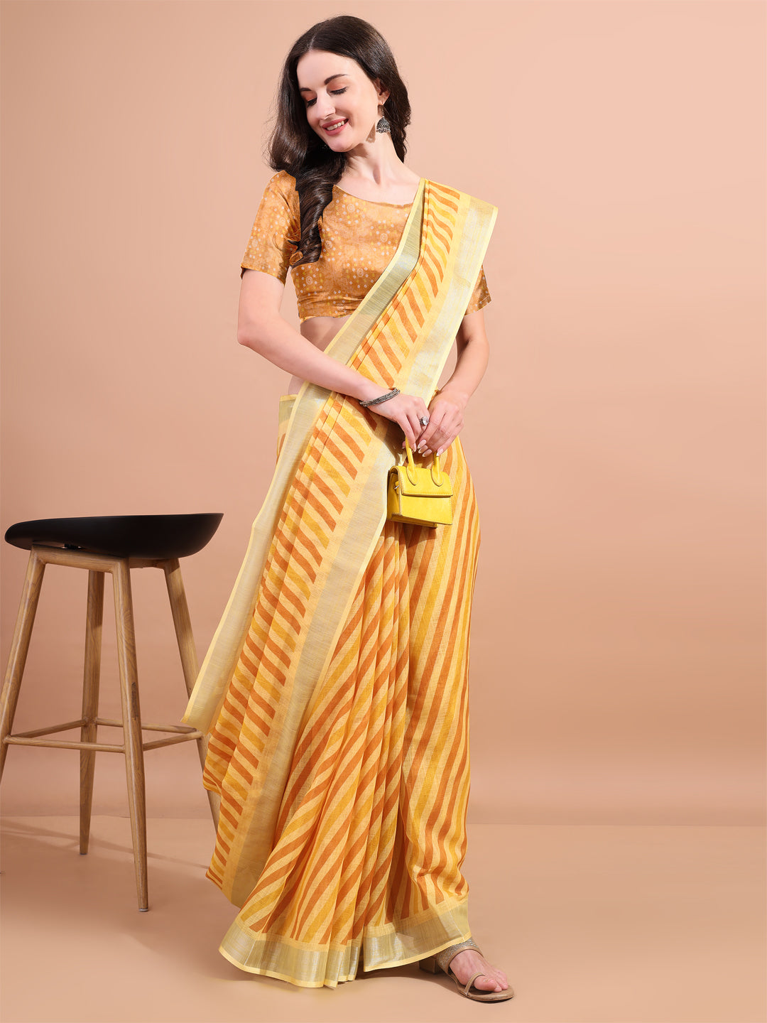 Yellow Linen Designer Printed Saree For Women