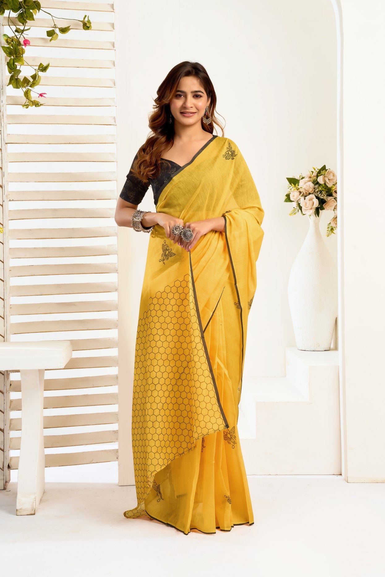 Yellow Linen Ready To Wear Saree With Zari Border Printed